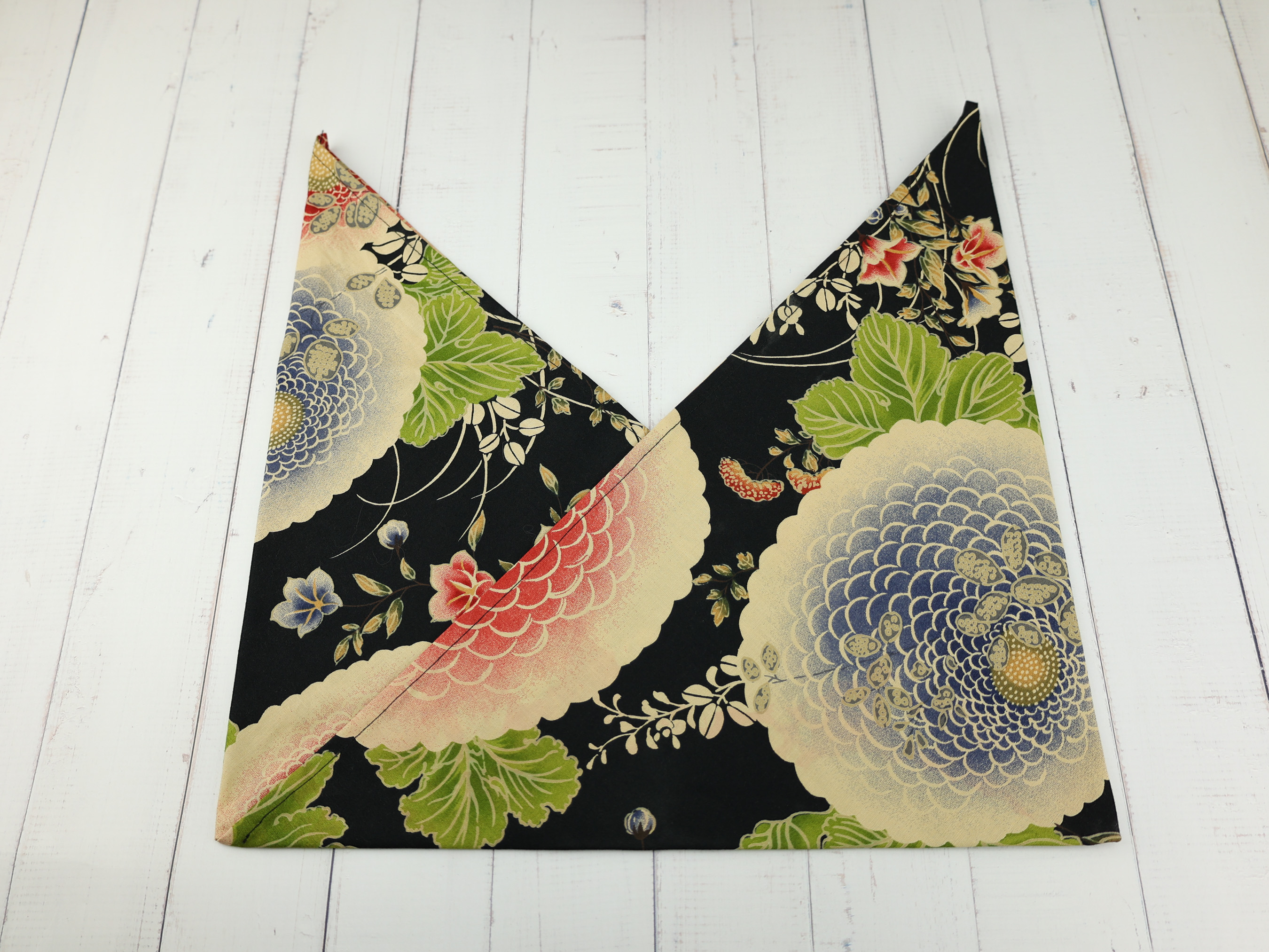 Japanese Azuma Bag – Black Chrysanthemum Fabric, Unlined Cotton Eco Tote, Handmade in Canada