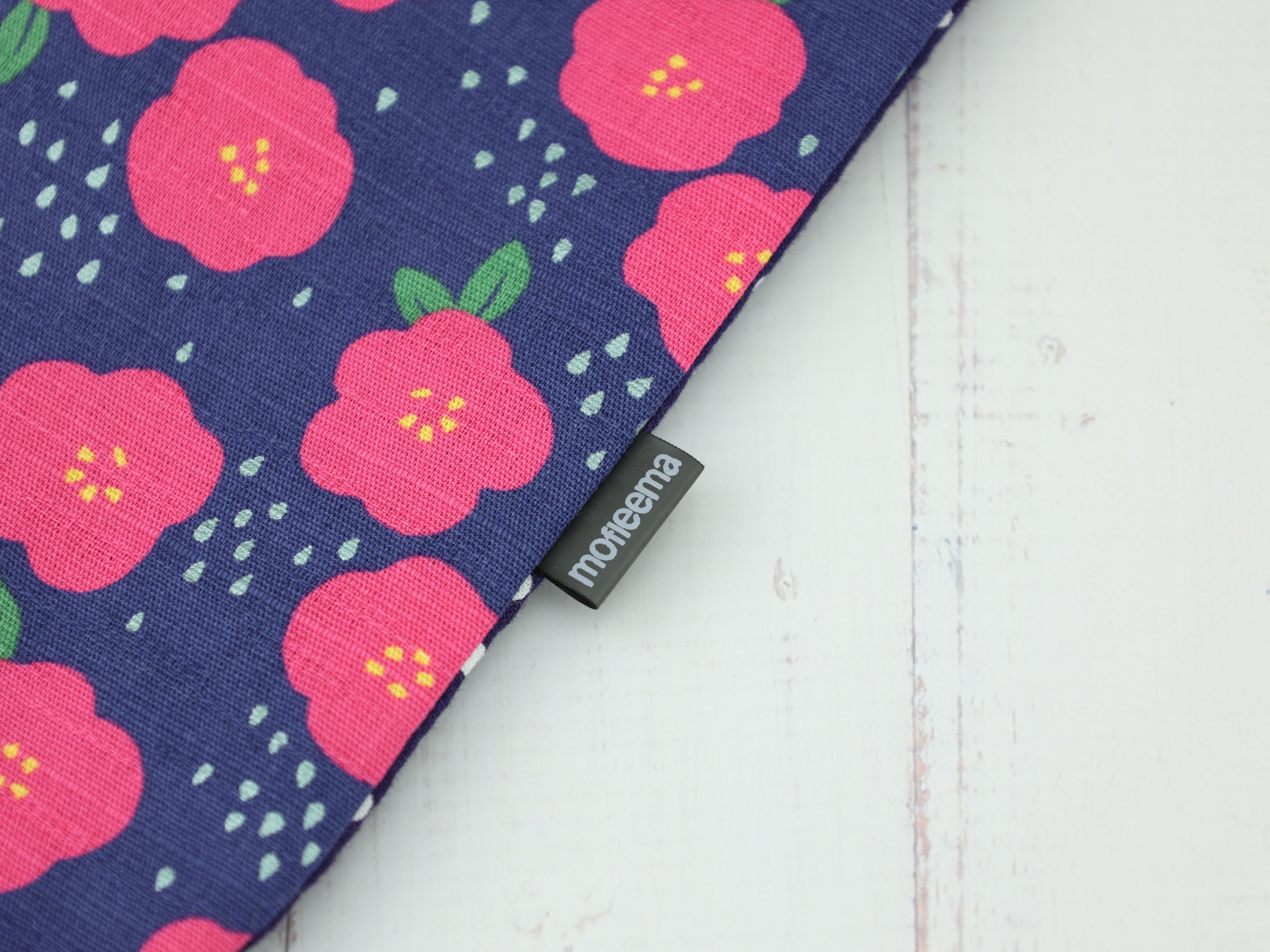 Japanese Camellia Kinchaku Pouch, Navy Drawstring Gift Bag, Tsubaki Floral Cotton Handmade Bag