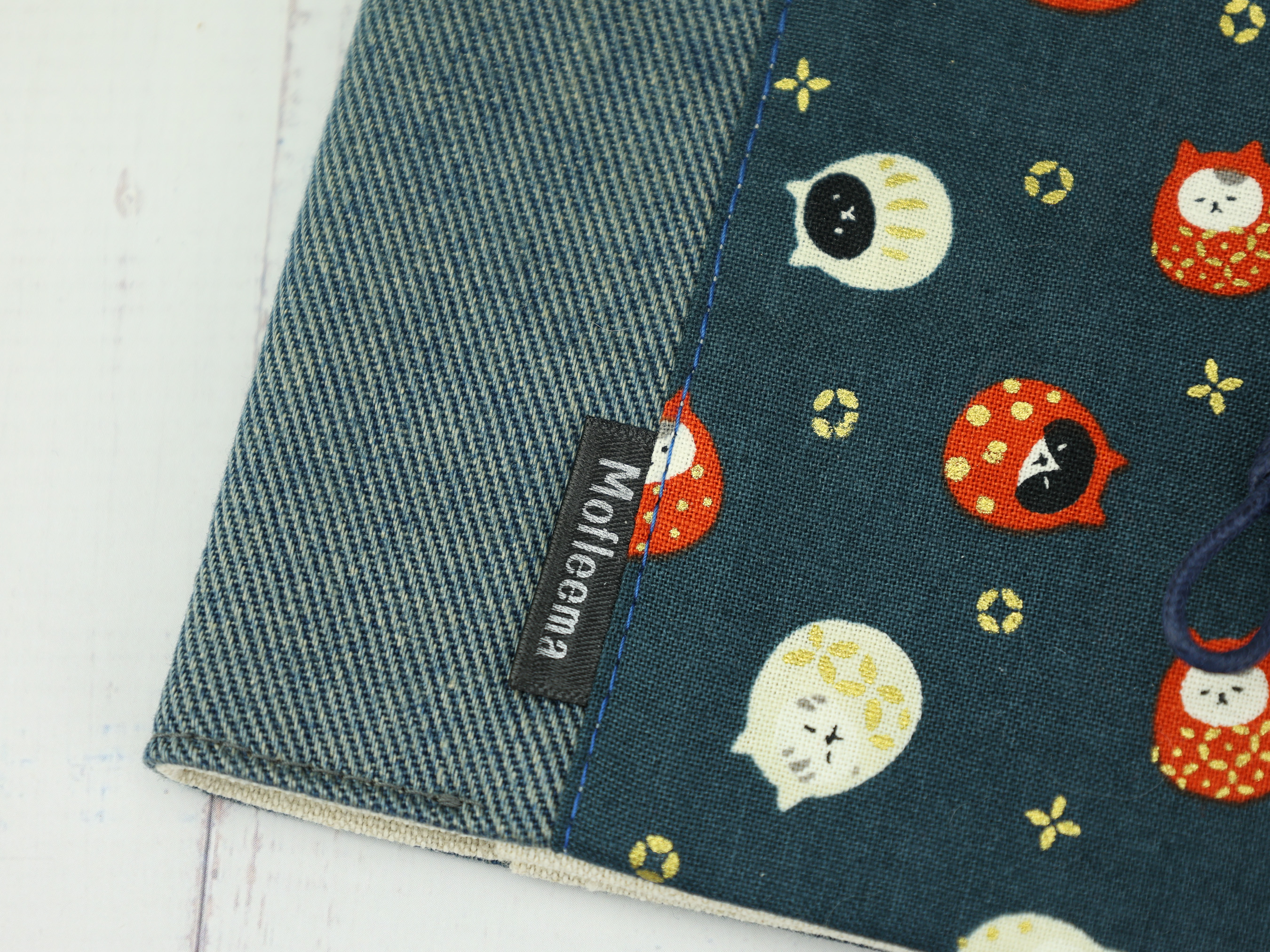 Daruma Cat Period Pouch – Japanese Lucky Kitty Fabric with Denim and Button Closure, Handmade Gift