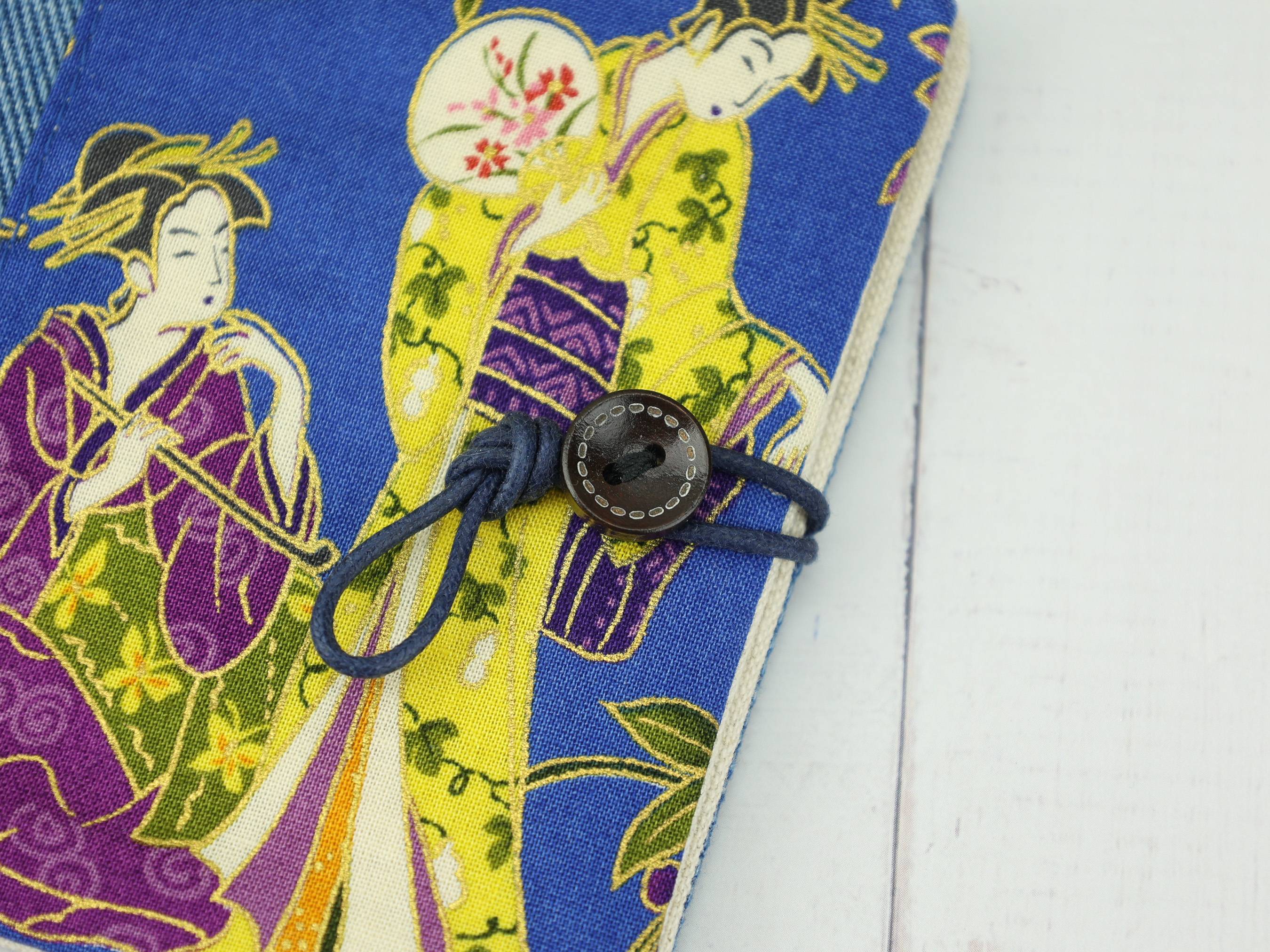Geisha Pad Holder – Japanese Blue Fabric Pouch with Traditional Woman Motif and Button Closure