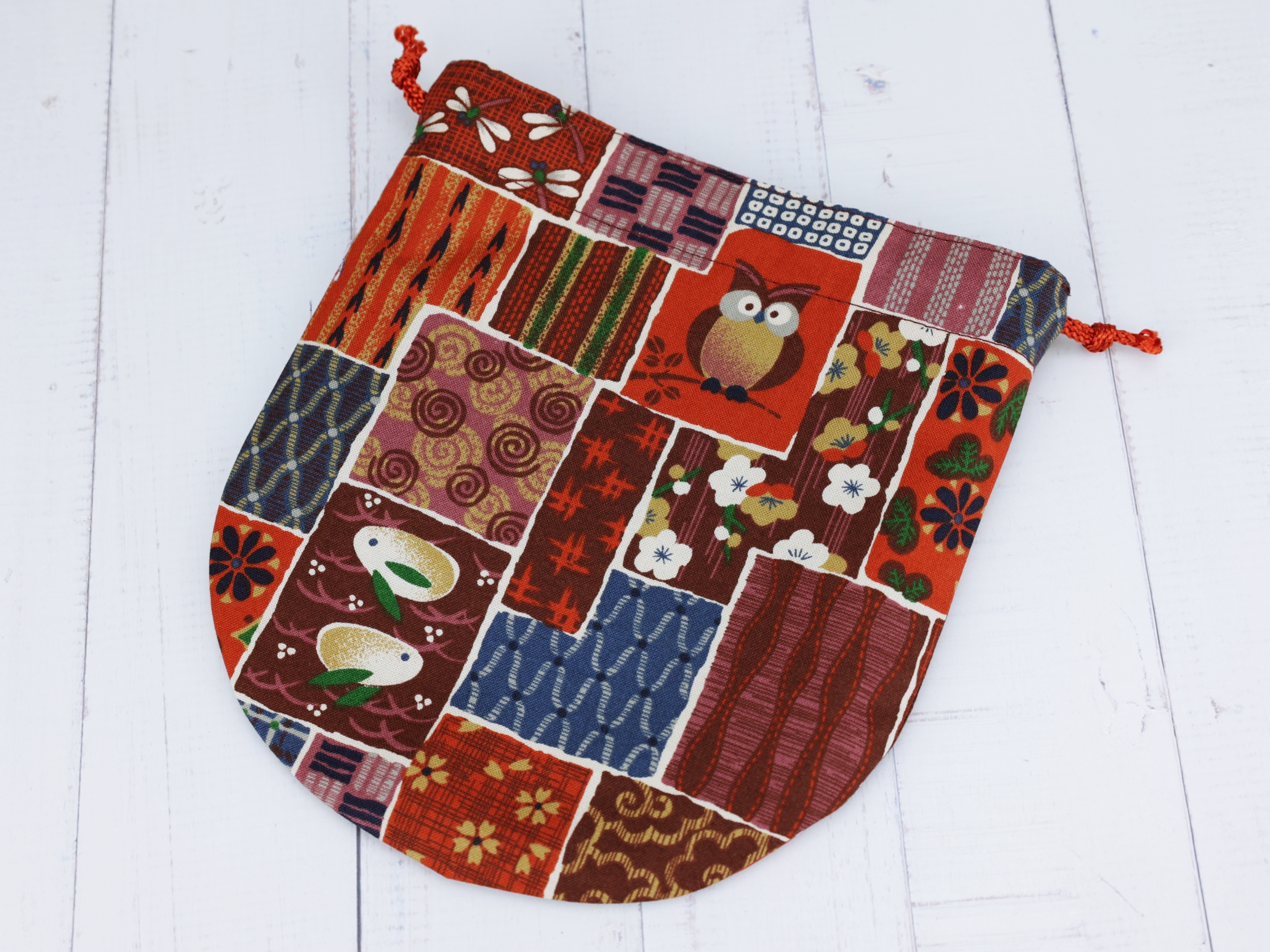 Handmade Japanese Cotton Drawstring Pouch: Owl Print