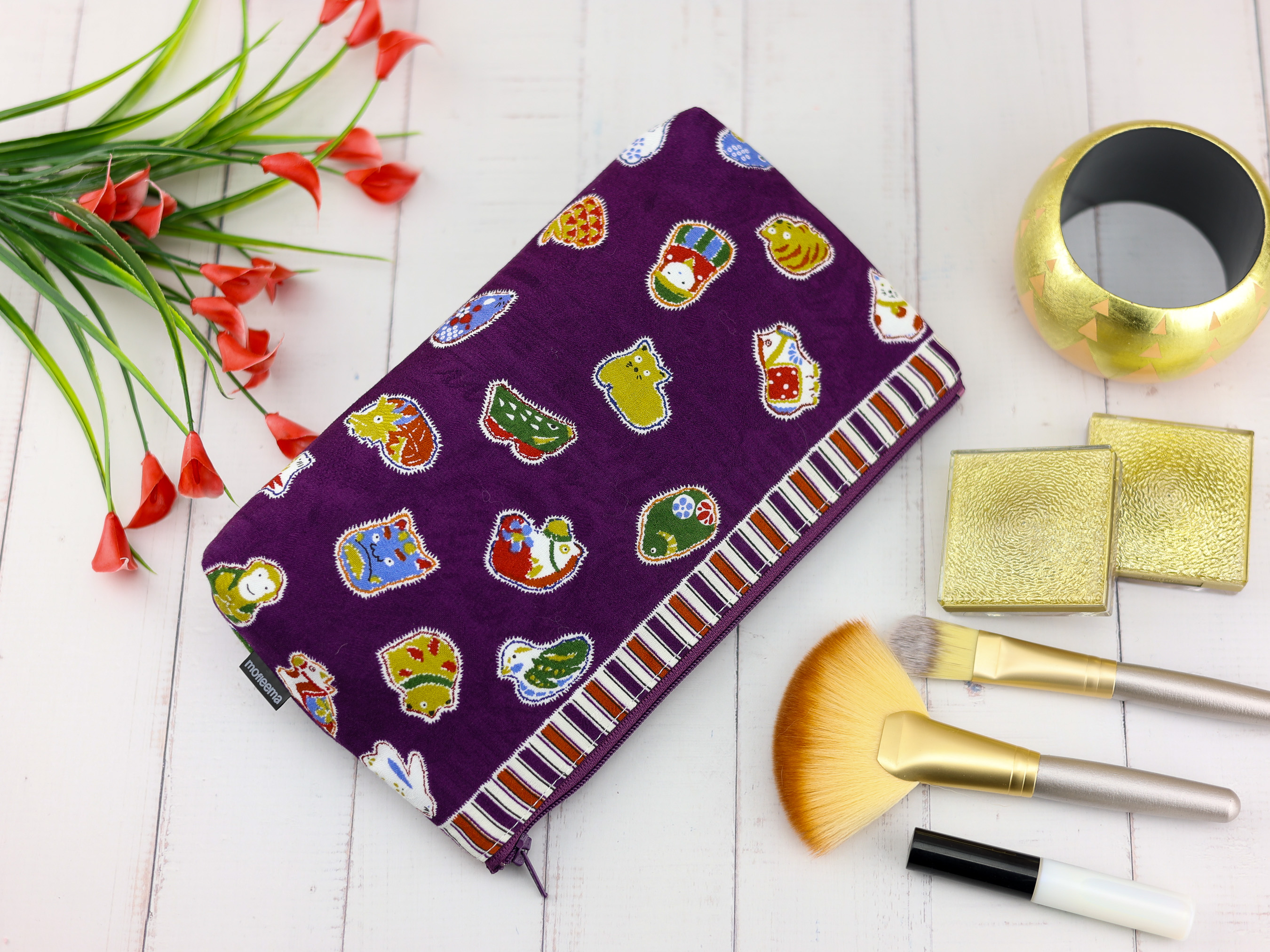 Japanese Zodiac Animal Pouch – Purple Zipper Bag, Cute Cotton Makeup Case, Lucky Gift Idea
