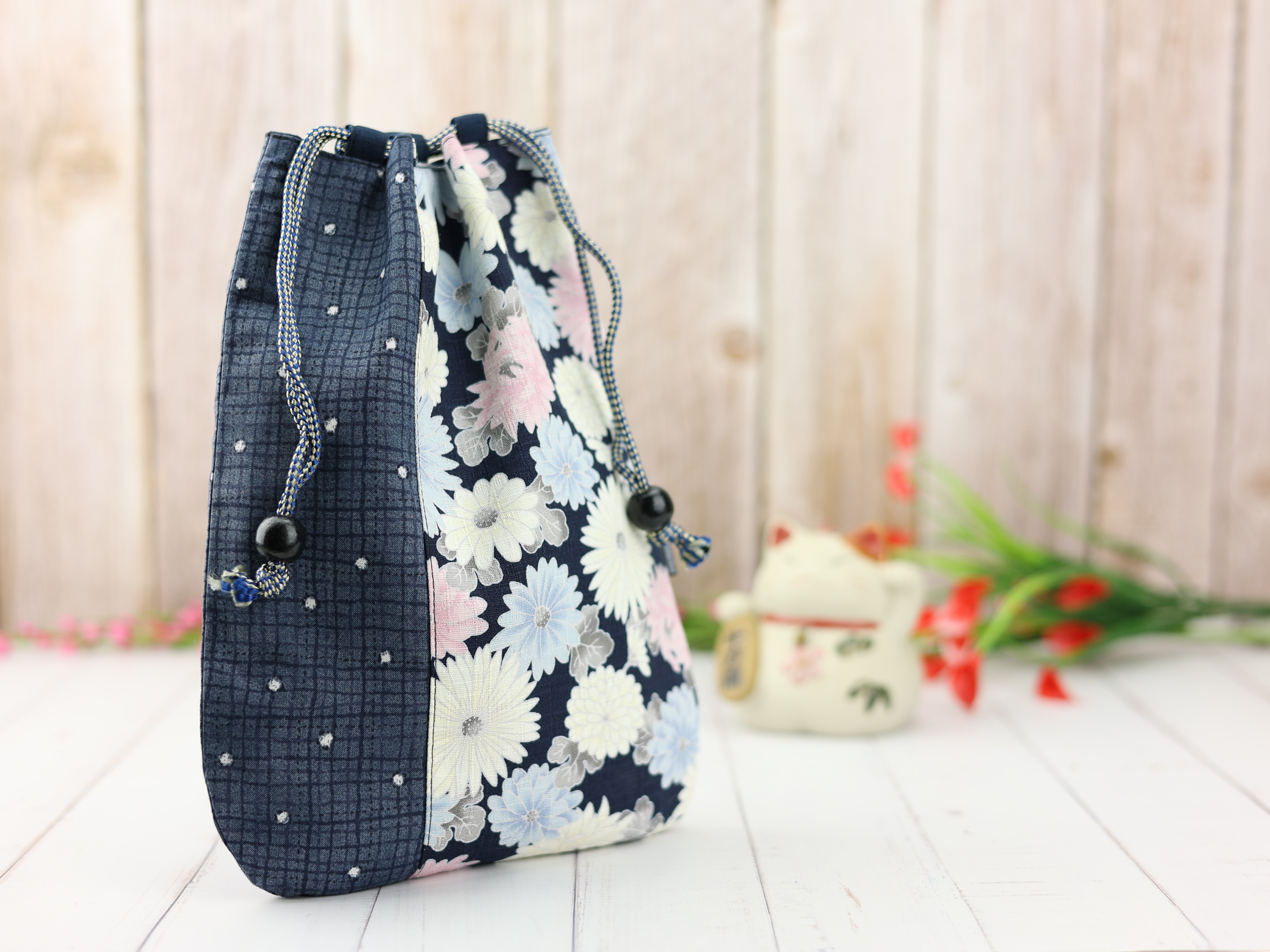 Chrysanthemum Kinchaku Pouch, Japanese Drawstring Gift Bag, Soft Blue Floral Cotton Purse