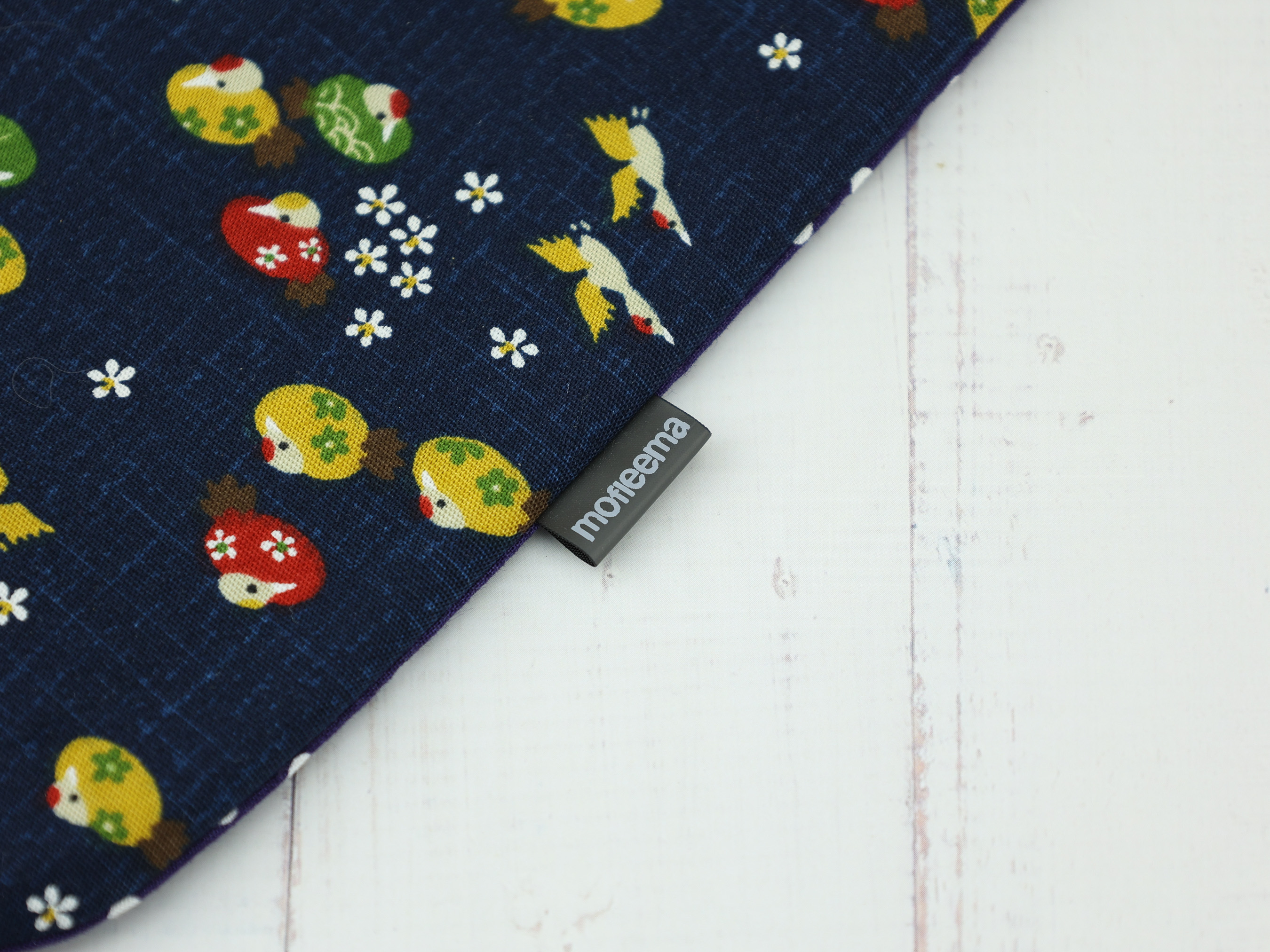 Japanese Bird Print Kinchaku Pouch, Navy Drawstring Bag, Retro Polka Dot Fabric Gift Bag