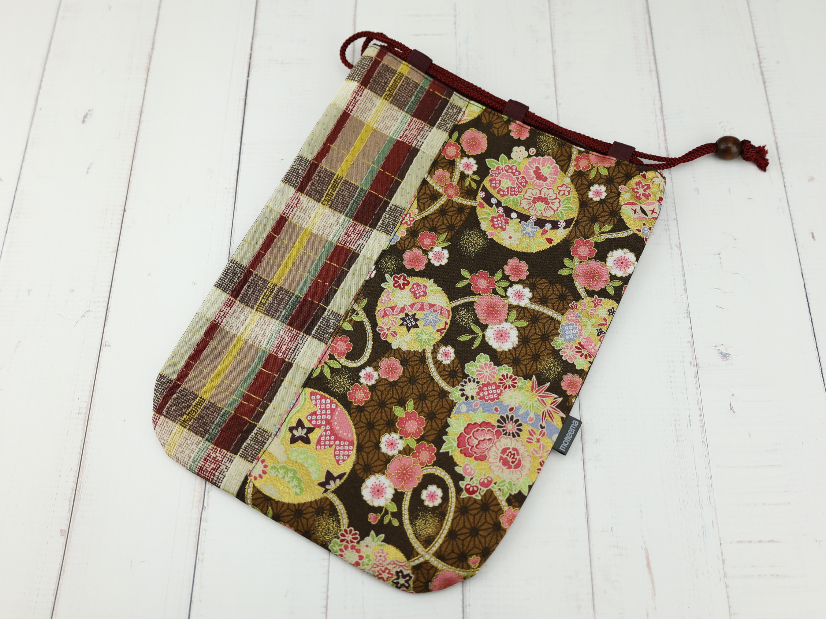 Japanese Temari and Sakura Kinchaku Pouch, Brown Drawstring Gift Bag with Floral Ball Pattern