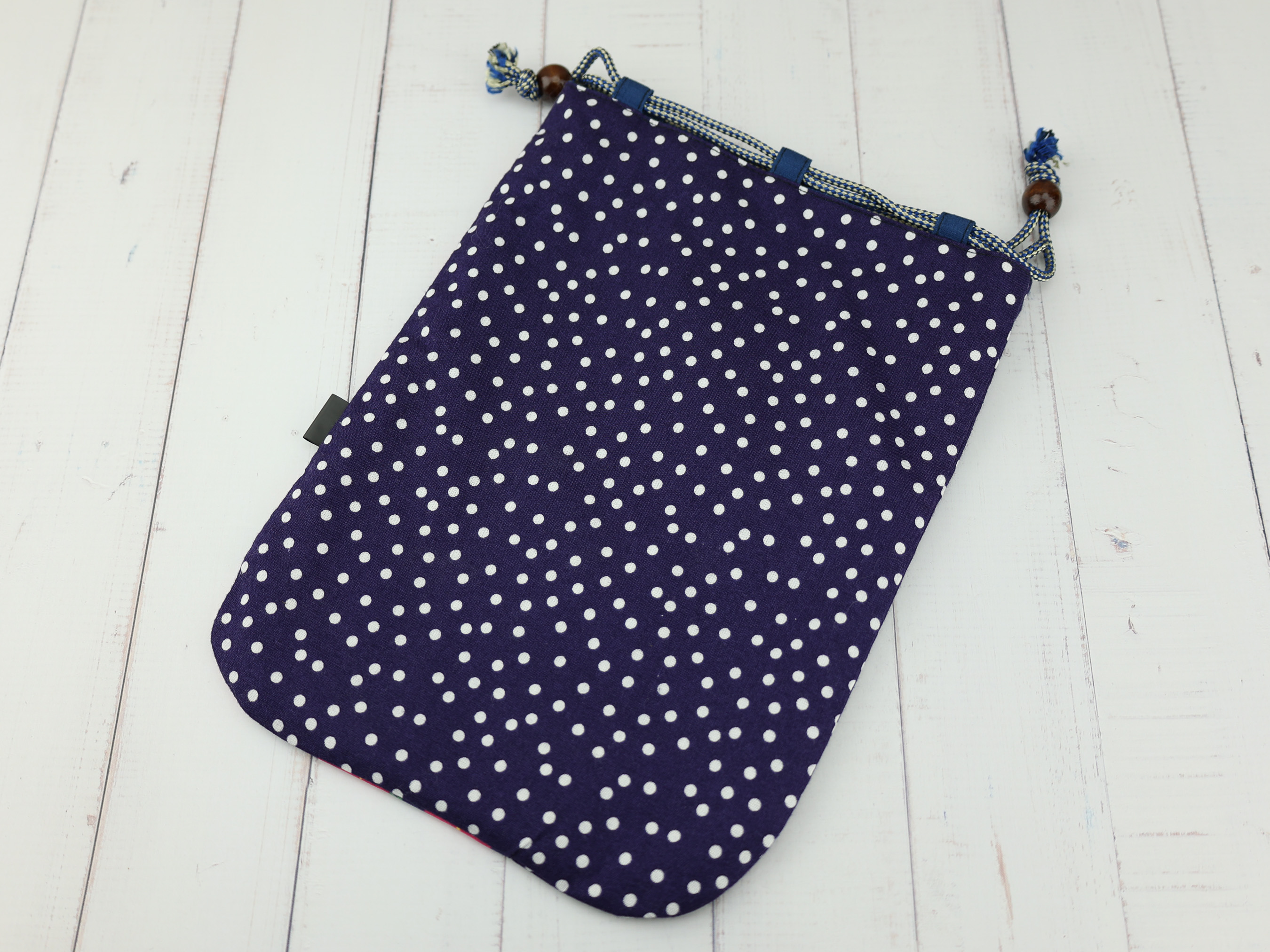 Japanese Camellia Kinchaku Pouch, Navy Drawstring Gift Bag, Tsubaki Floral Cotton Handmade Bag