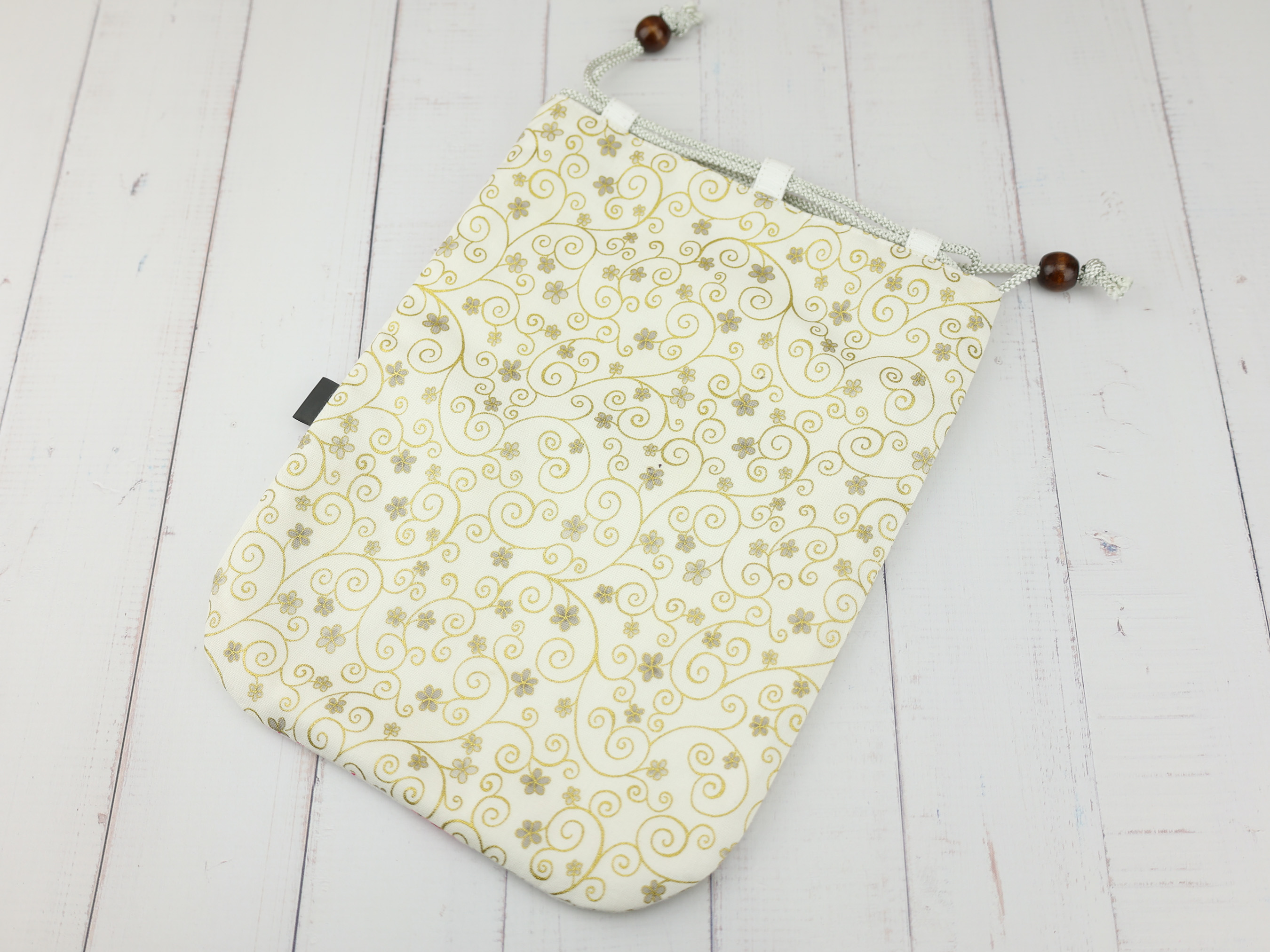 Bunny and Sakura Kinchaku Pouch, Japanese White Drawstring Gift Bag, Rabbit and Cherry Blossom