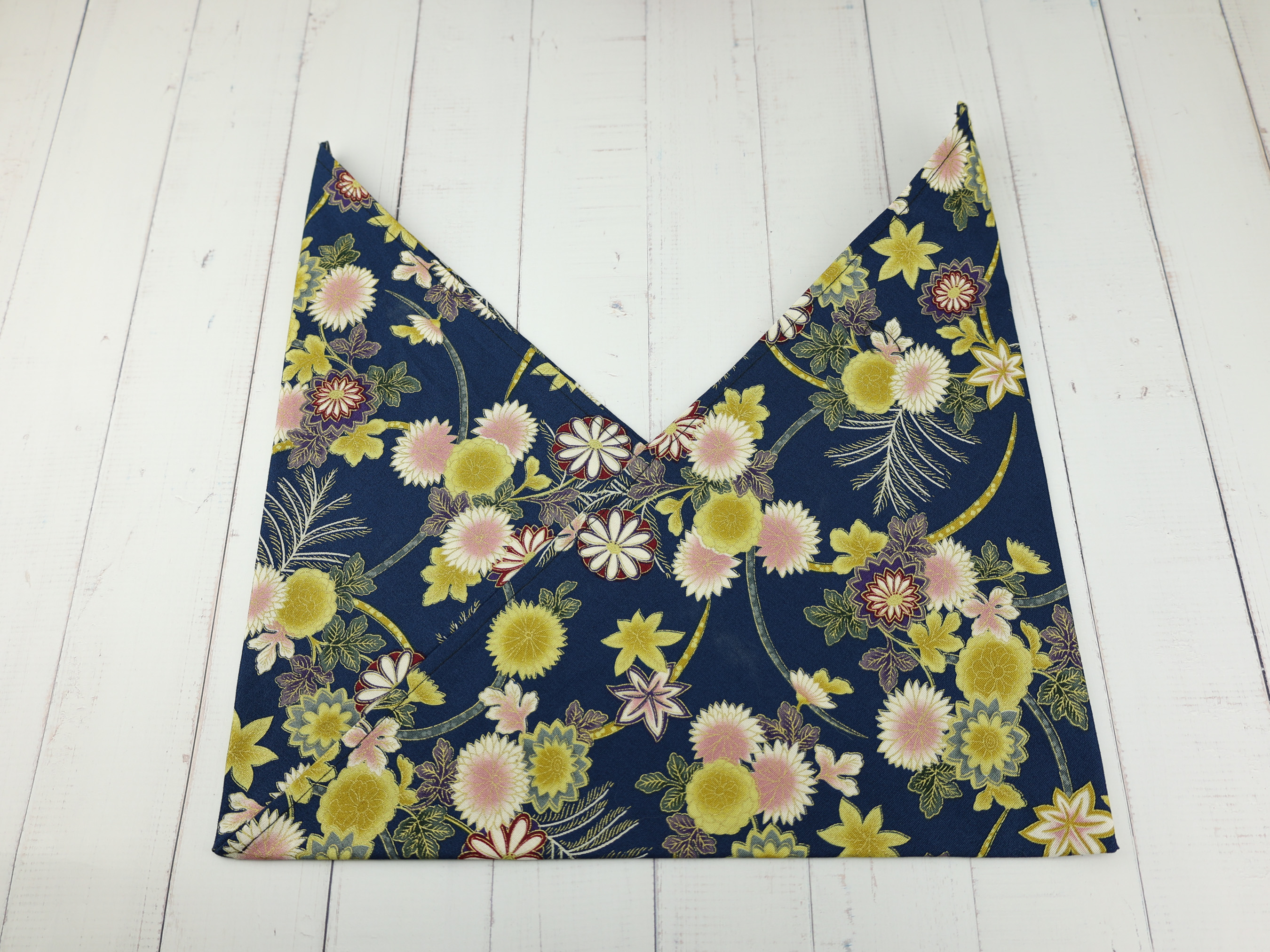 Japanese Azuma Bag – Navy Floral Chrysanthemum Fabric, Unlined Cotton Eco Tote, Handmade in Canada