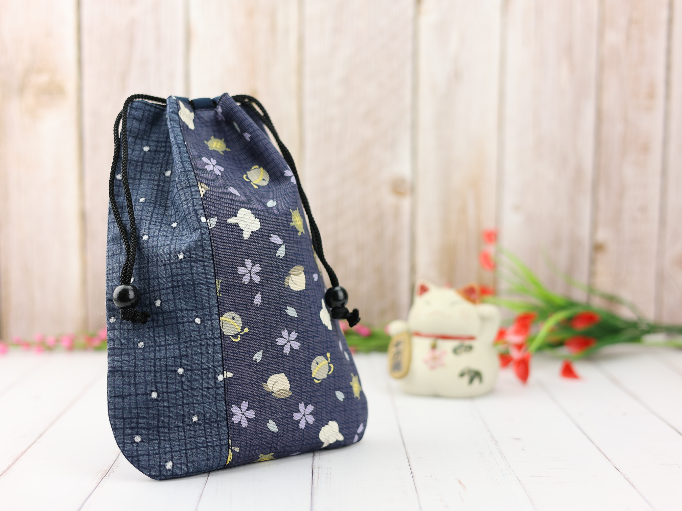Japanese Bunny and Bell Drawstring Pouch, Sakura Print Kinchaku, Handmade Cotton Gift Bag