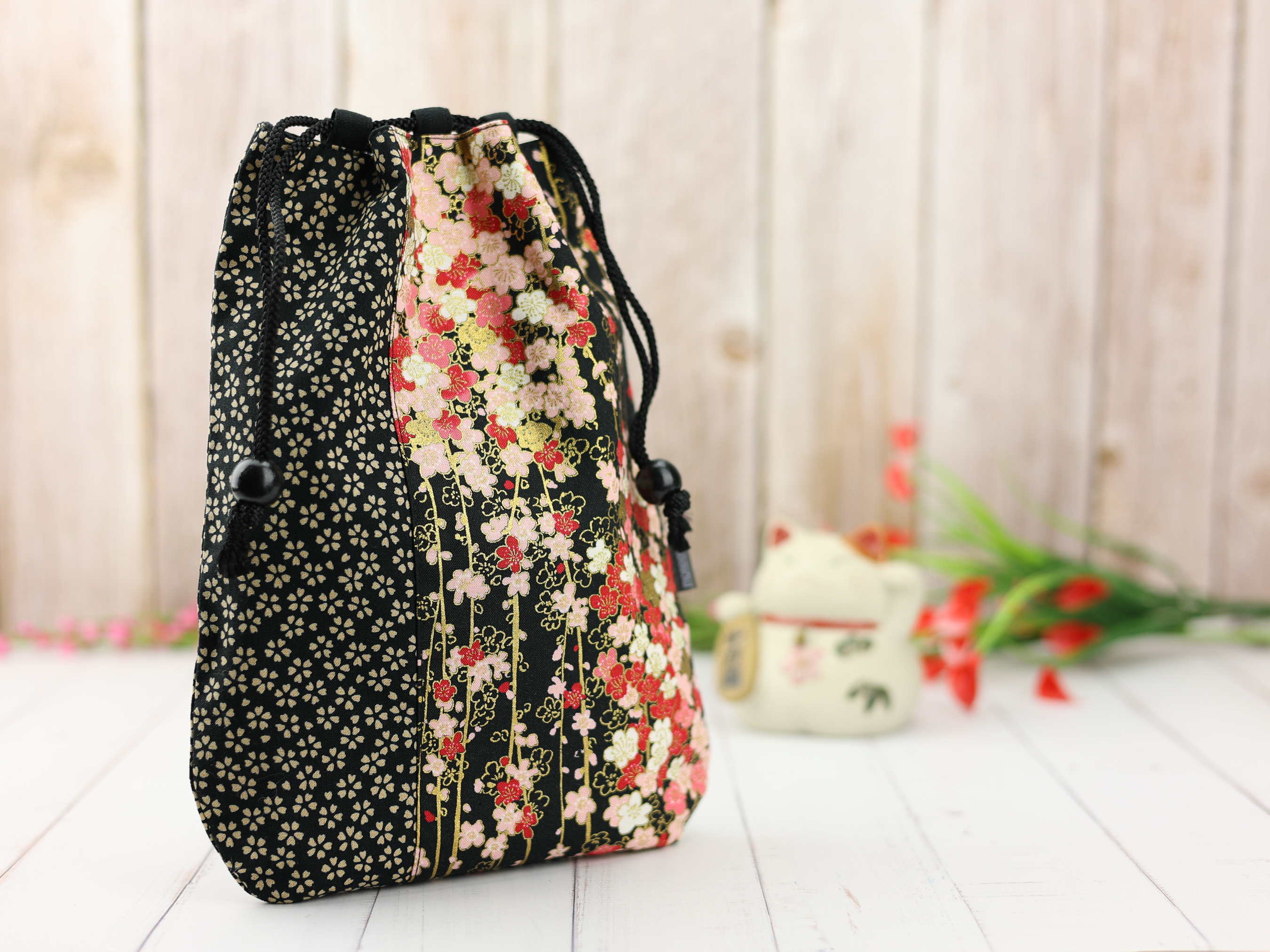 Elegant Sakura Kinchaku Pouch, Black Drawstring Bag with Cherry Blossom Print, Japanese Gift Bag