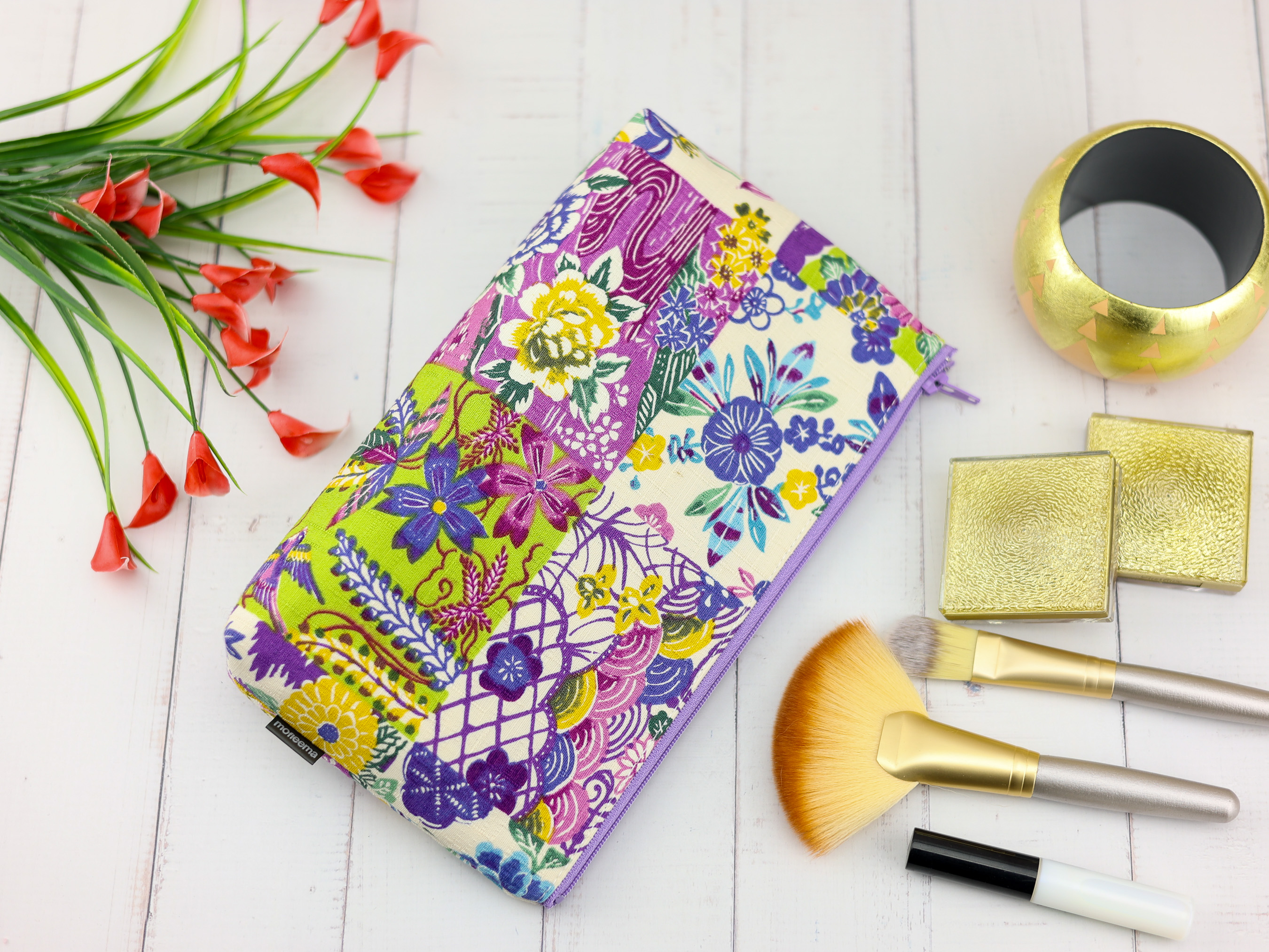 Colorful Japanese Floral Zipper Pouch – Peony, Chrysanthemum and Sakura Pattern Bag