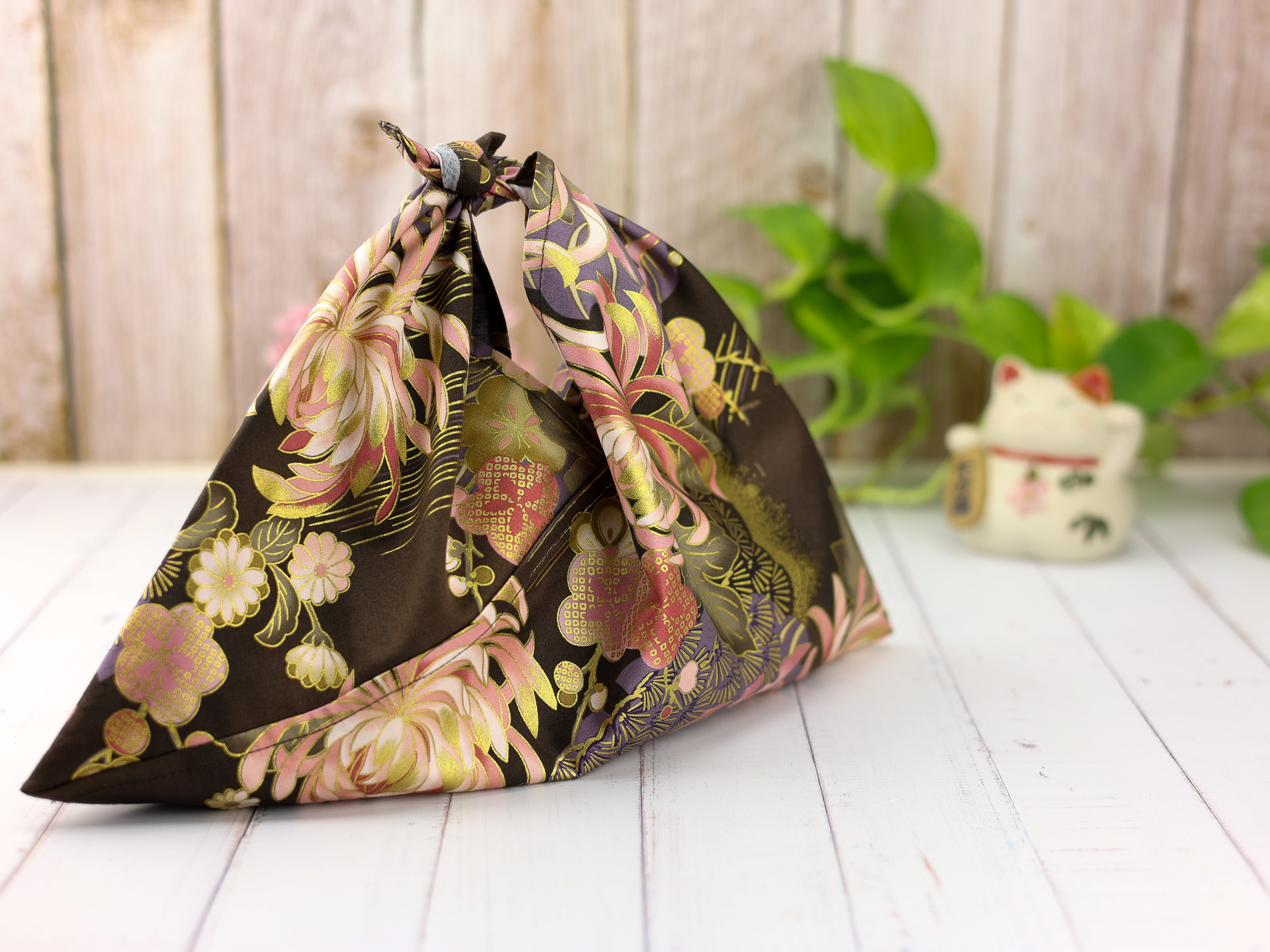 Japanese Azuma Bag – Brown Chrysanthemum & Plum Fabric, Unlined Cotton Eco Tote, Handmade in Canada