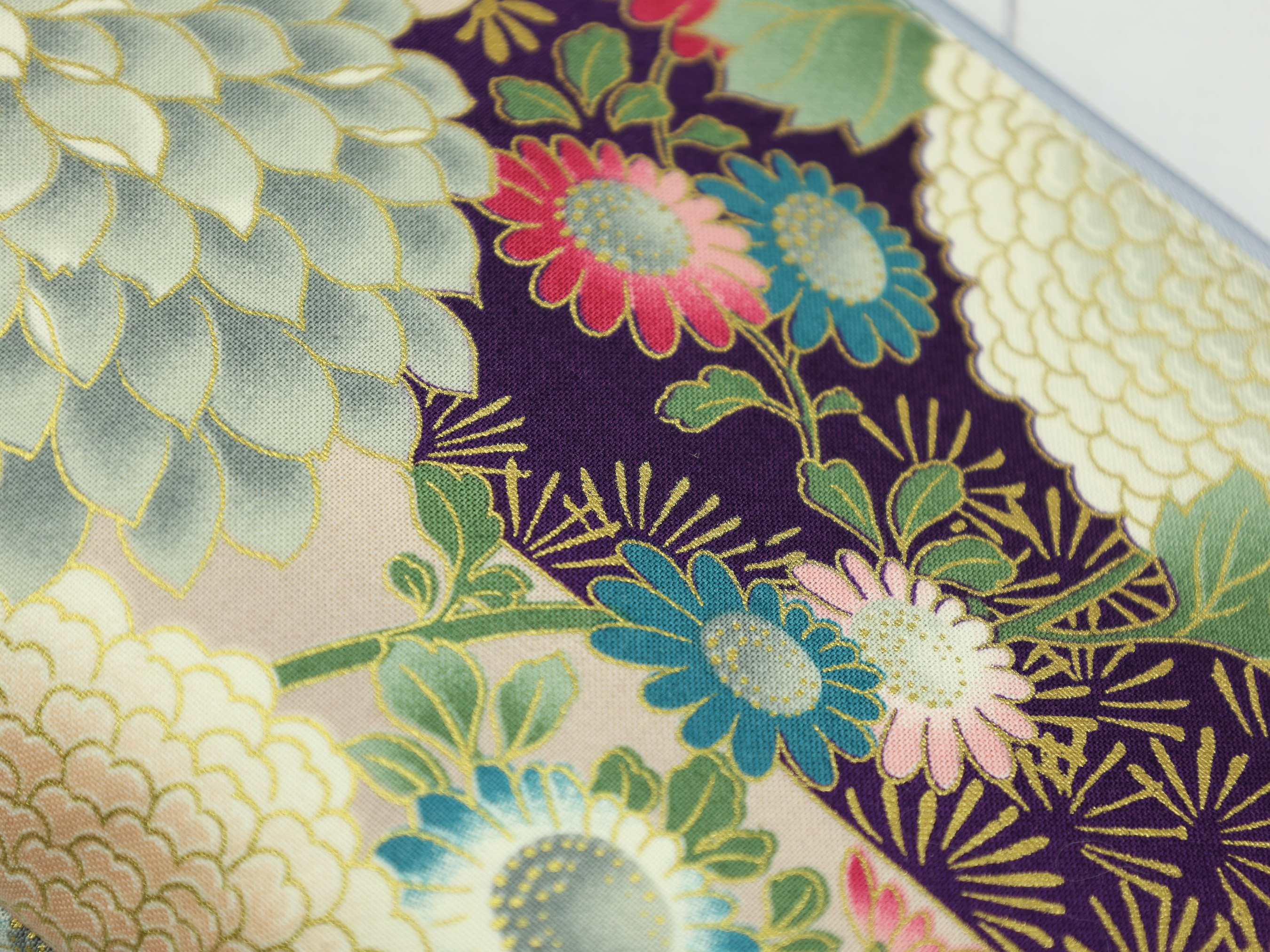 Large Chrysanthemum Zipper Pouch – Japanese Kimono Fabric Bag in Purple and Gold