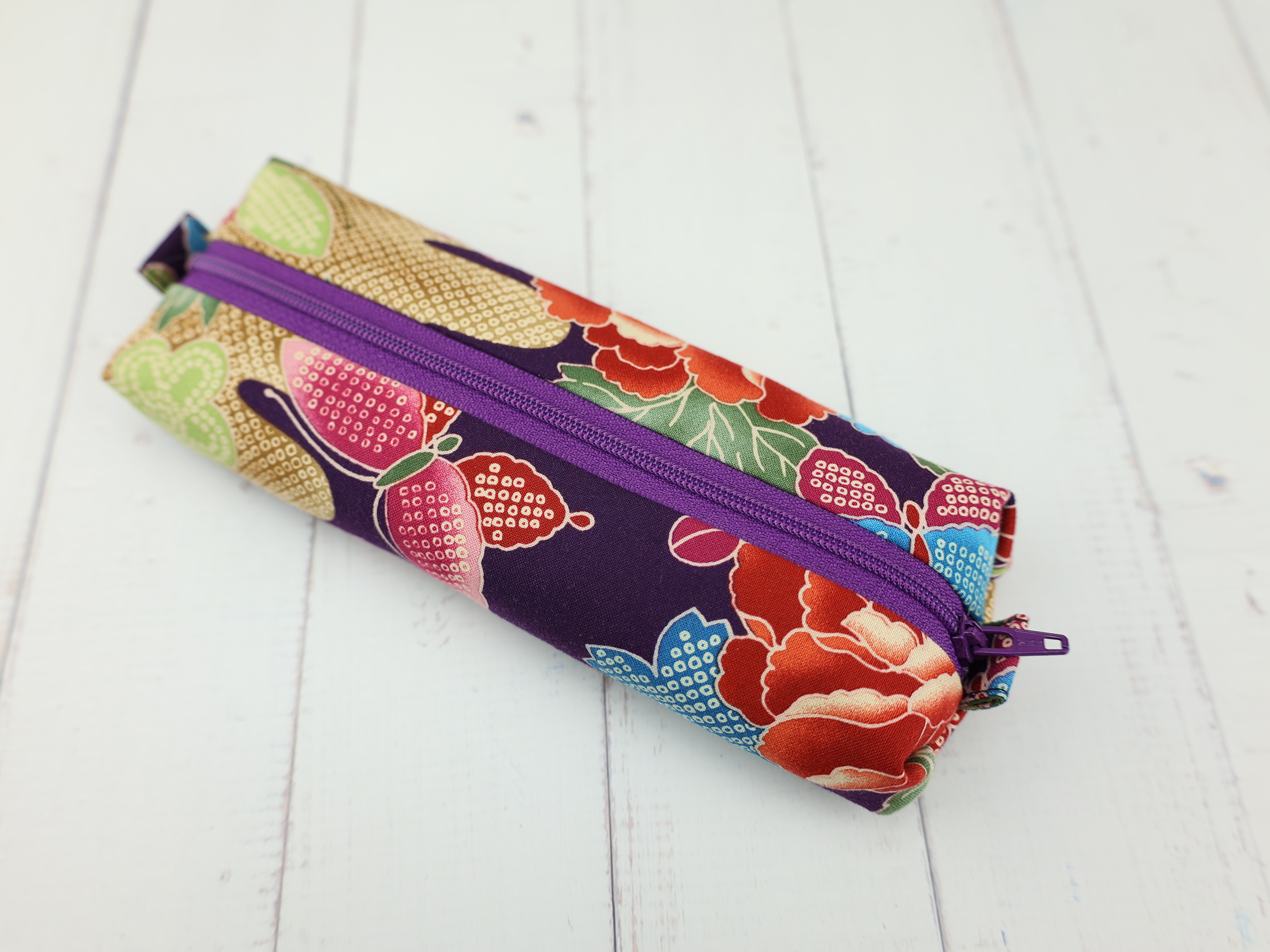 Large Peony Zipper Pouch – Soft Japanese Pencil Case in Purple Kimono Fabric, Bold & Colorful