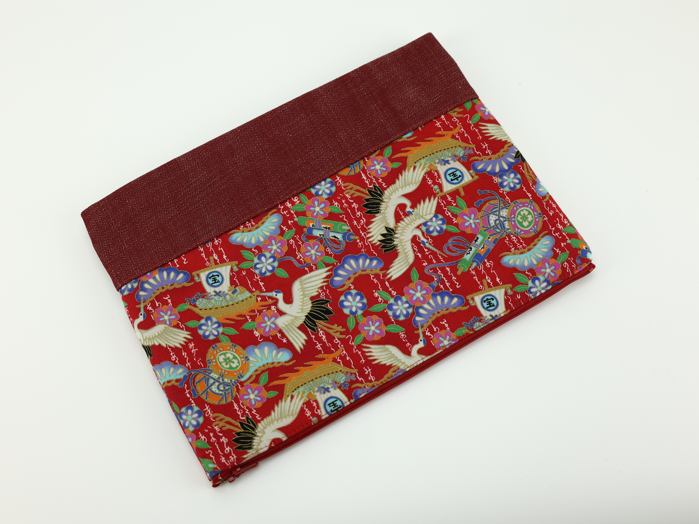 Handmade Japanese Kimono Pouch: Crane Print Cosmetic Bag