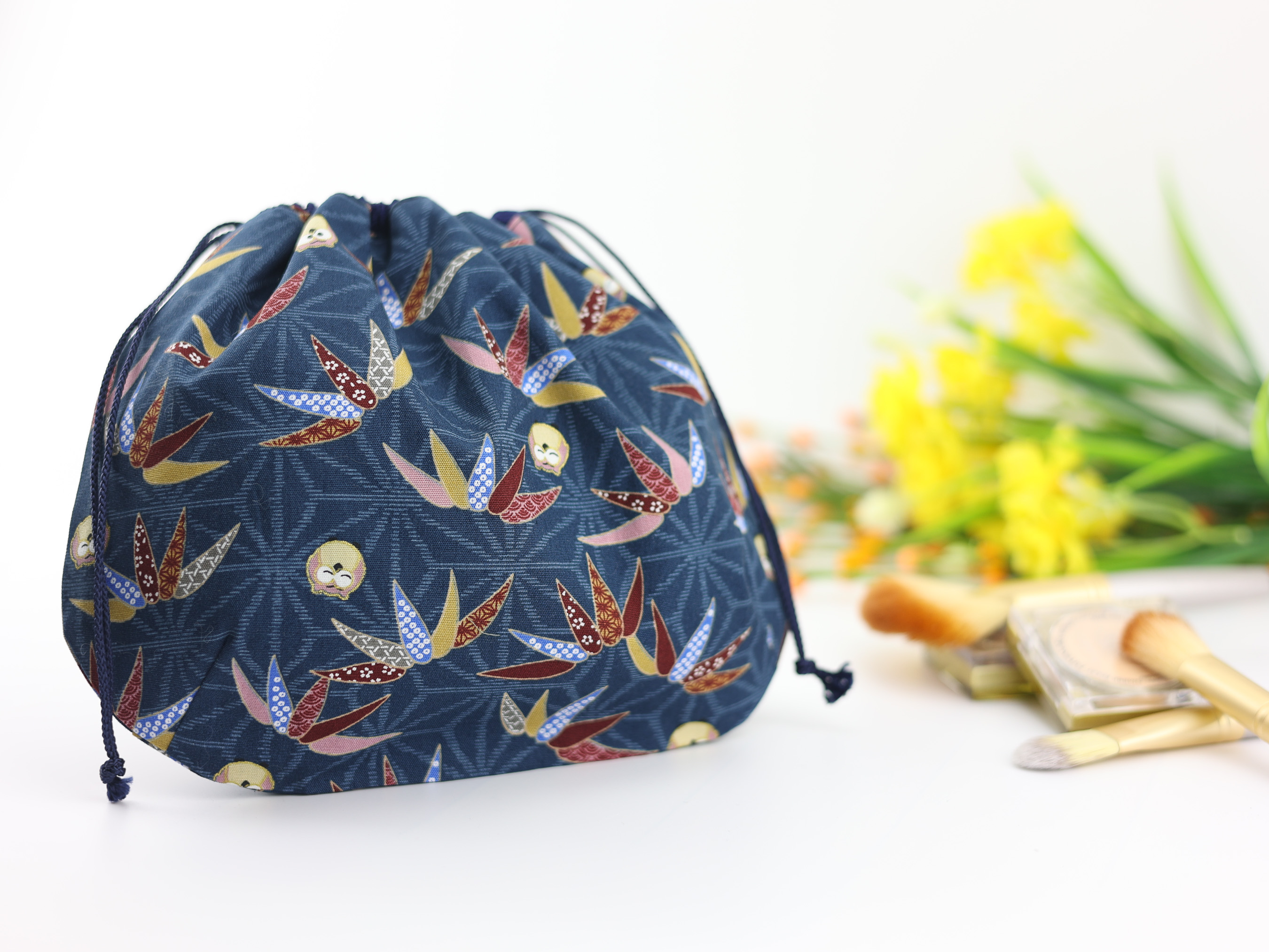 Japanese Owl Pouch – Navy Drawstring Bag with Round Owl Pattern, Kimono Gift