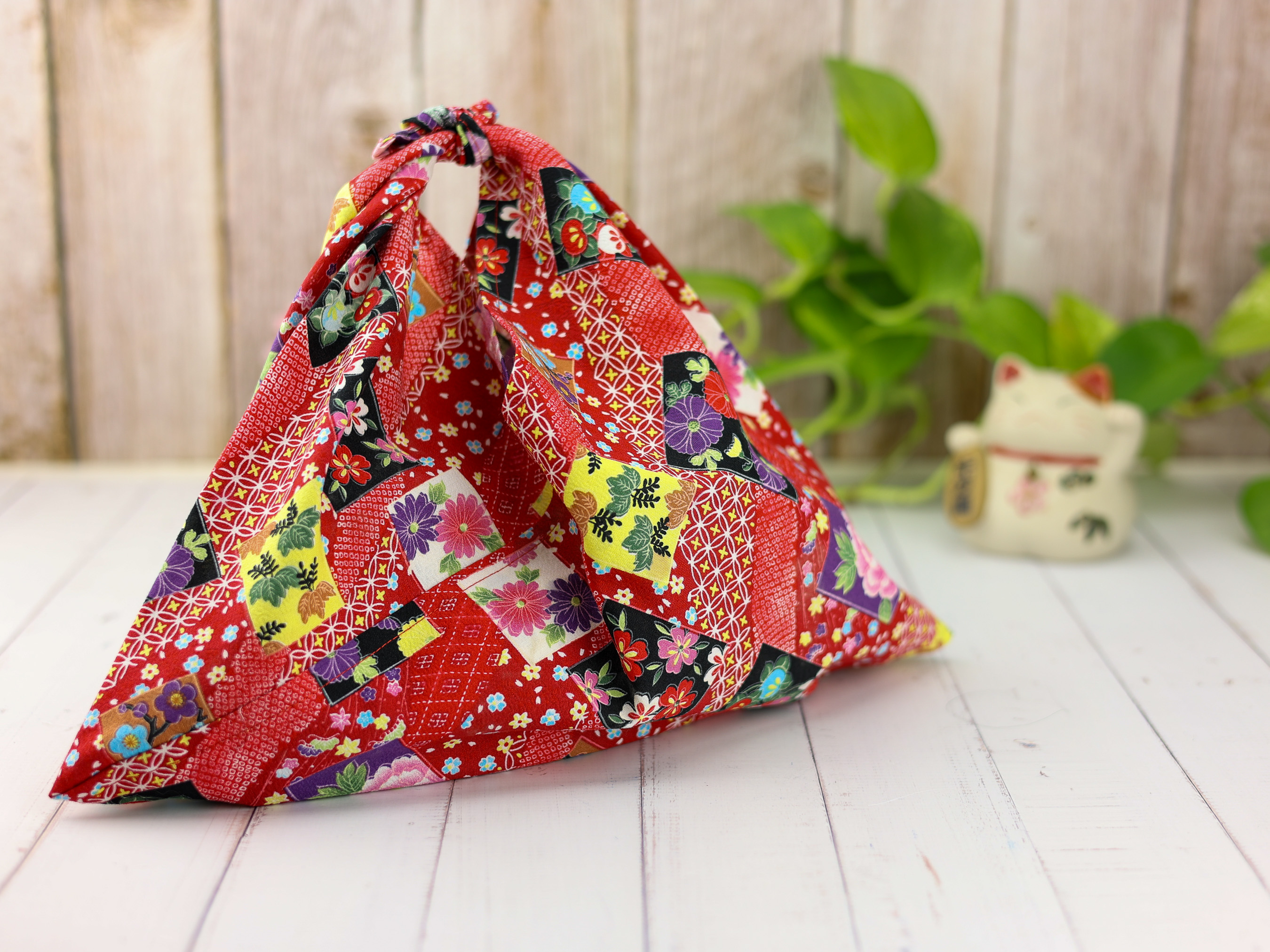 Japanese Azuma Bag – Red Patchwork Floral Maple Fabric, Unlined Cotton Tote, Handmade in Canada
