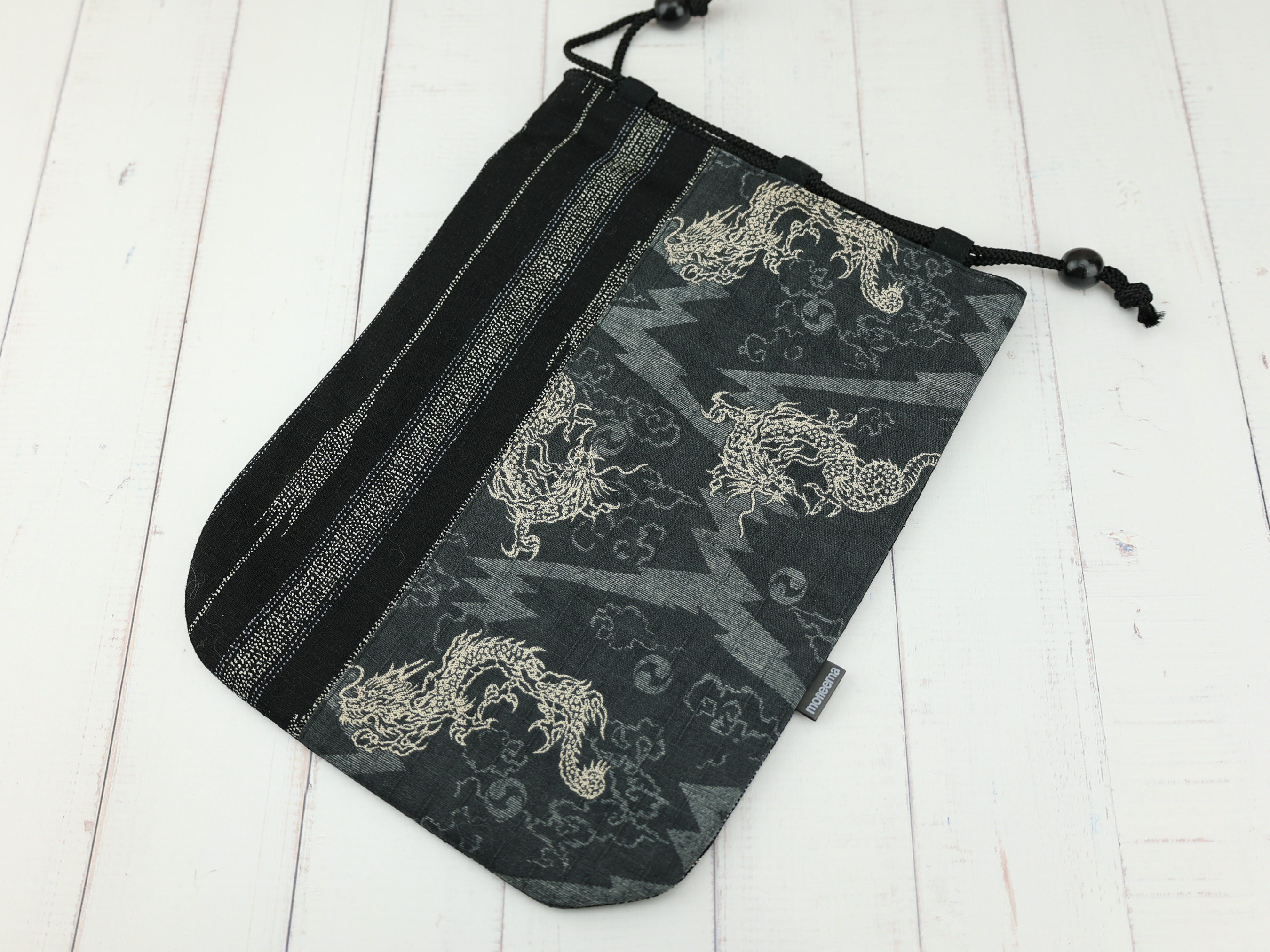 Japanese Dragon Drawstring Pouch, Black Cotton Kinchaku Bag, Handmade Gift Bag, Samurai Style