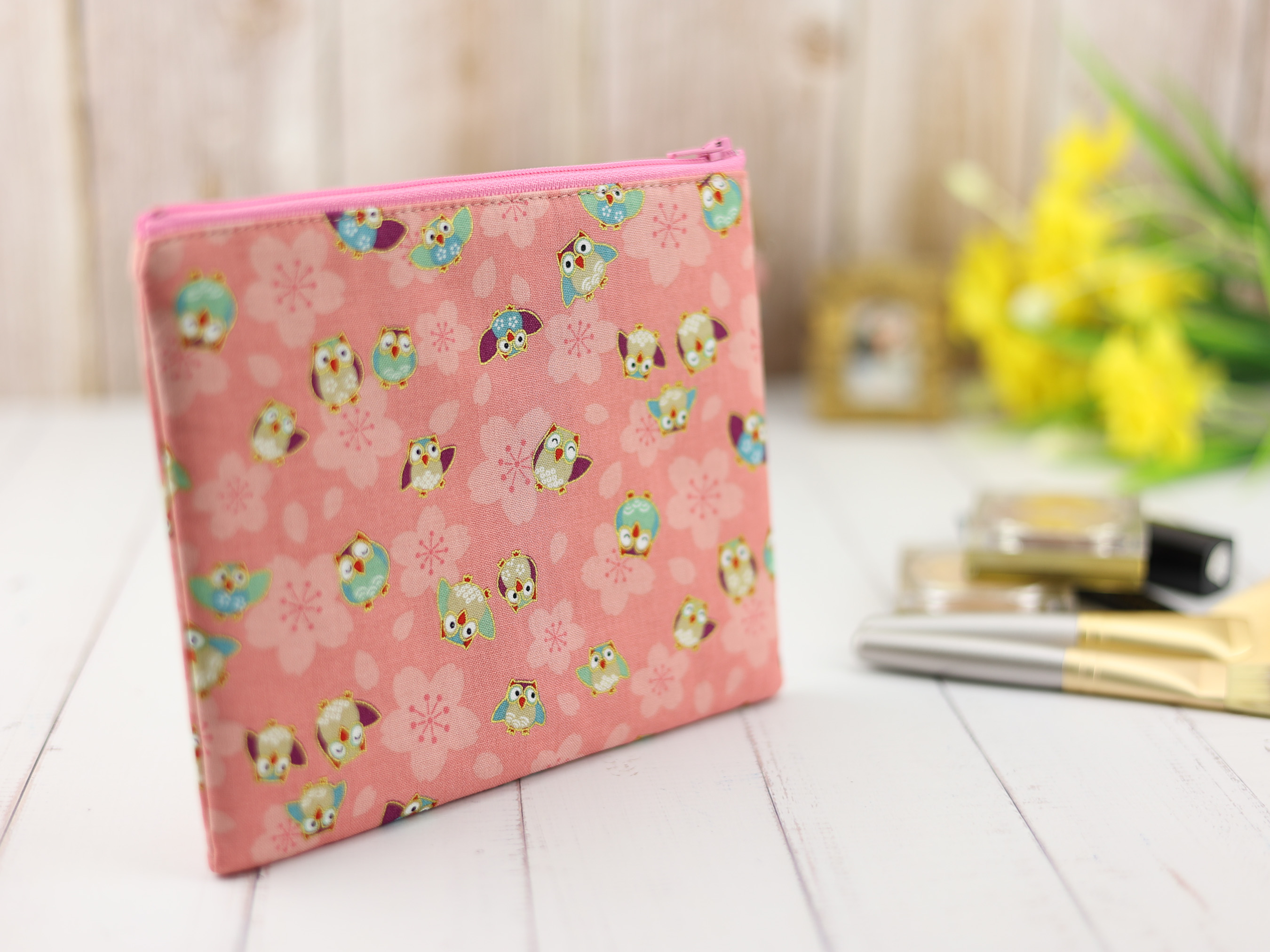 Cute Owl Sakura Zipper Pouch, Japanese Kimono Fabric Makeup Bag, Pink Cotton Gift