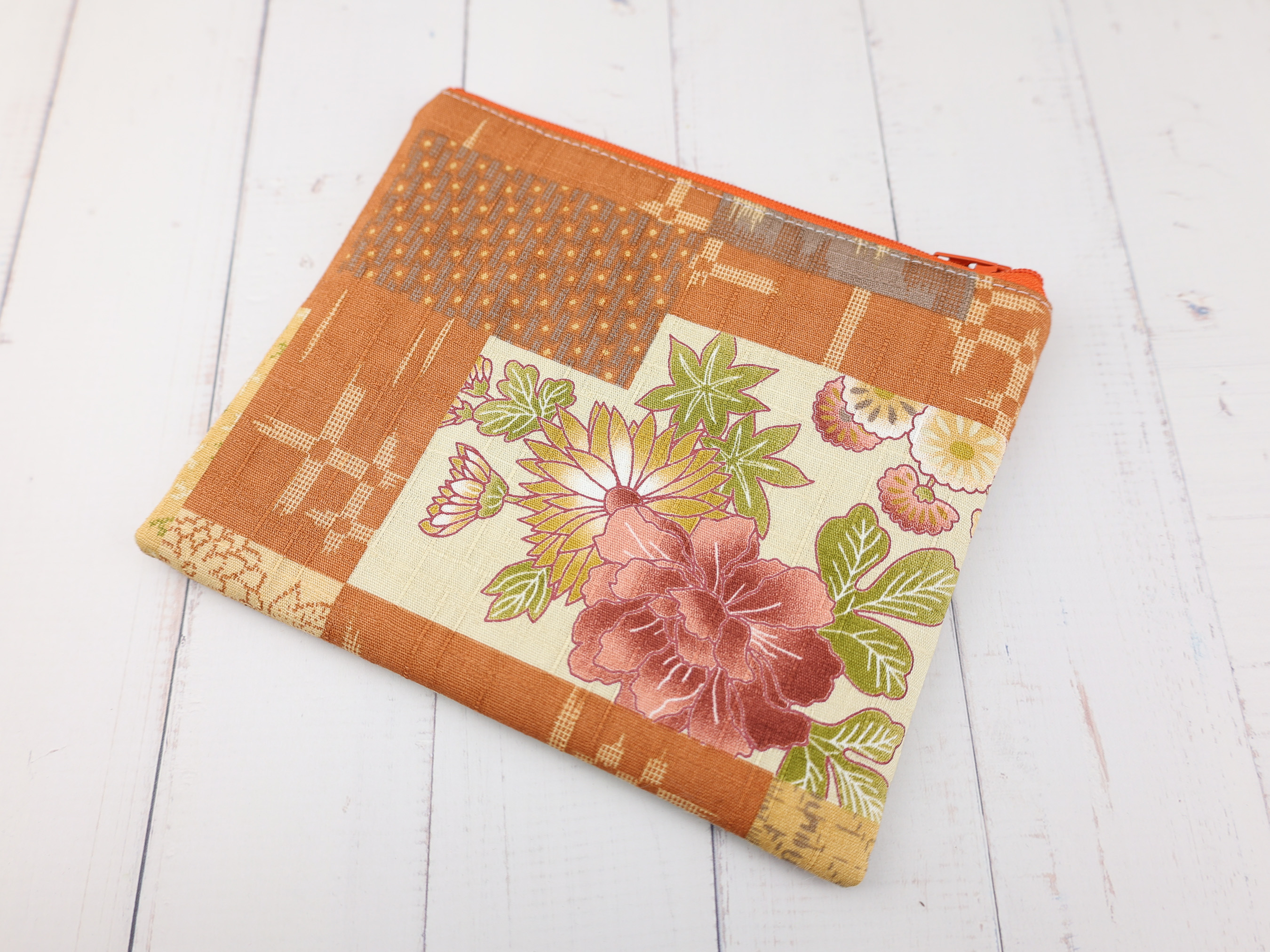 Peony Kimono Fabric Zipper Pouch, Orange Japanese Floral Makeup Bag, Retro Gift Idea