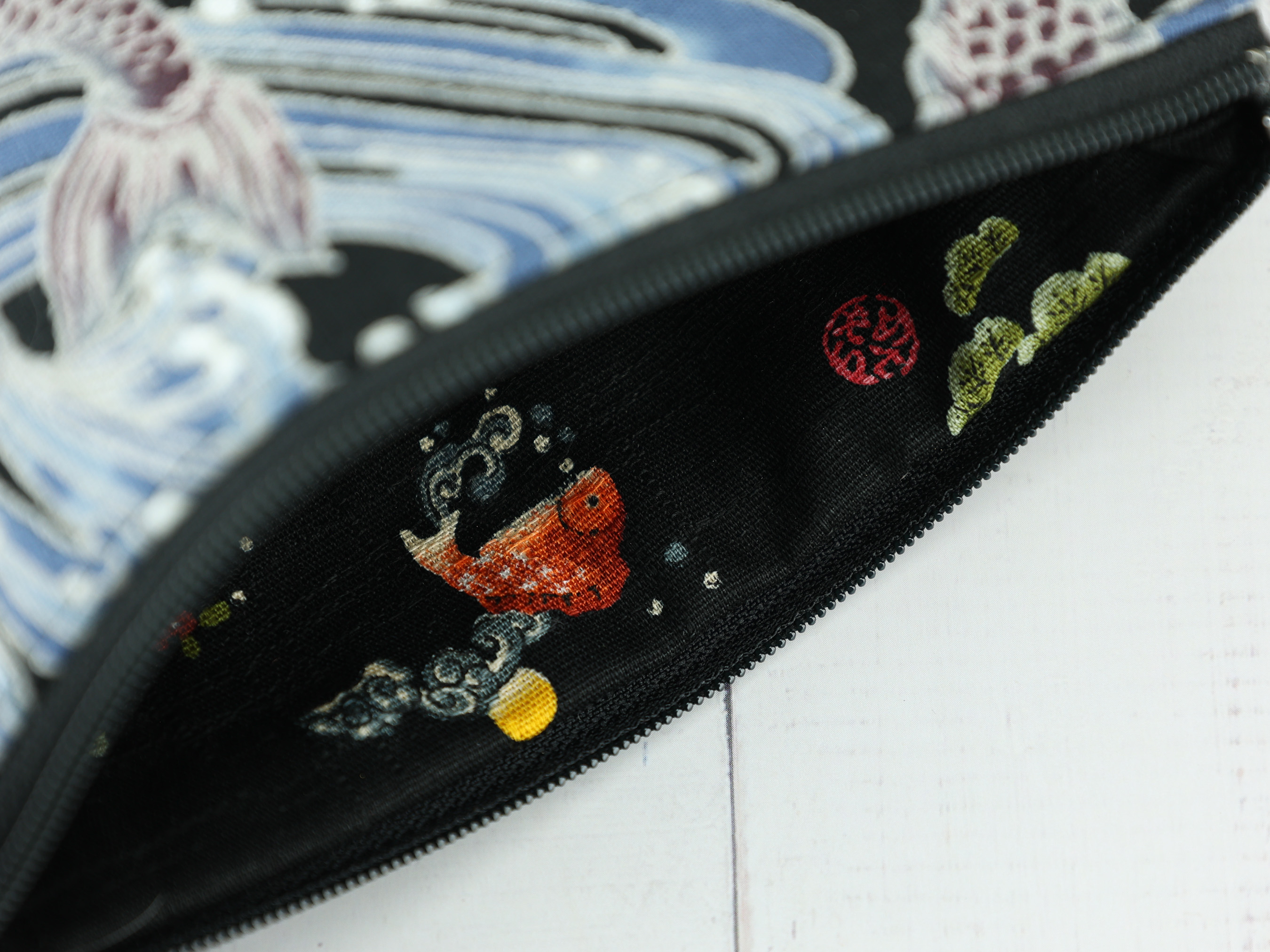 Koi Fish Zipper Pouch – Japanese Wave Print Bag with Black Background and Traditional Tattoo Style