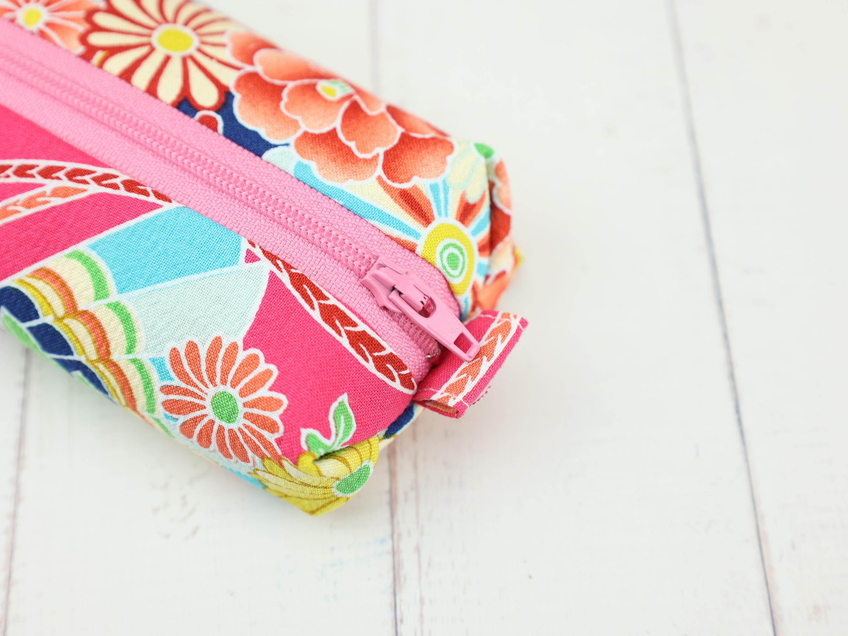 Peony & Fan Zipper Pouch – Bold Japanese Pencil Case in Vibrant Pink Kimono Fabric, Soft Lined