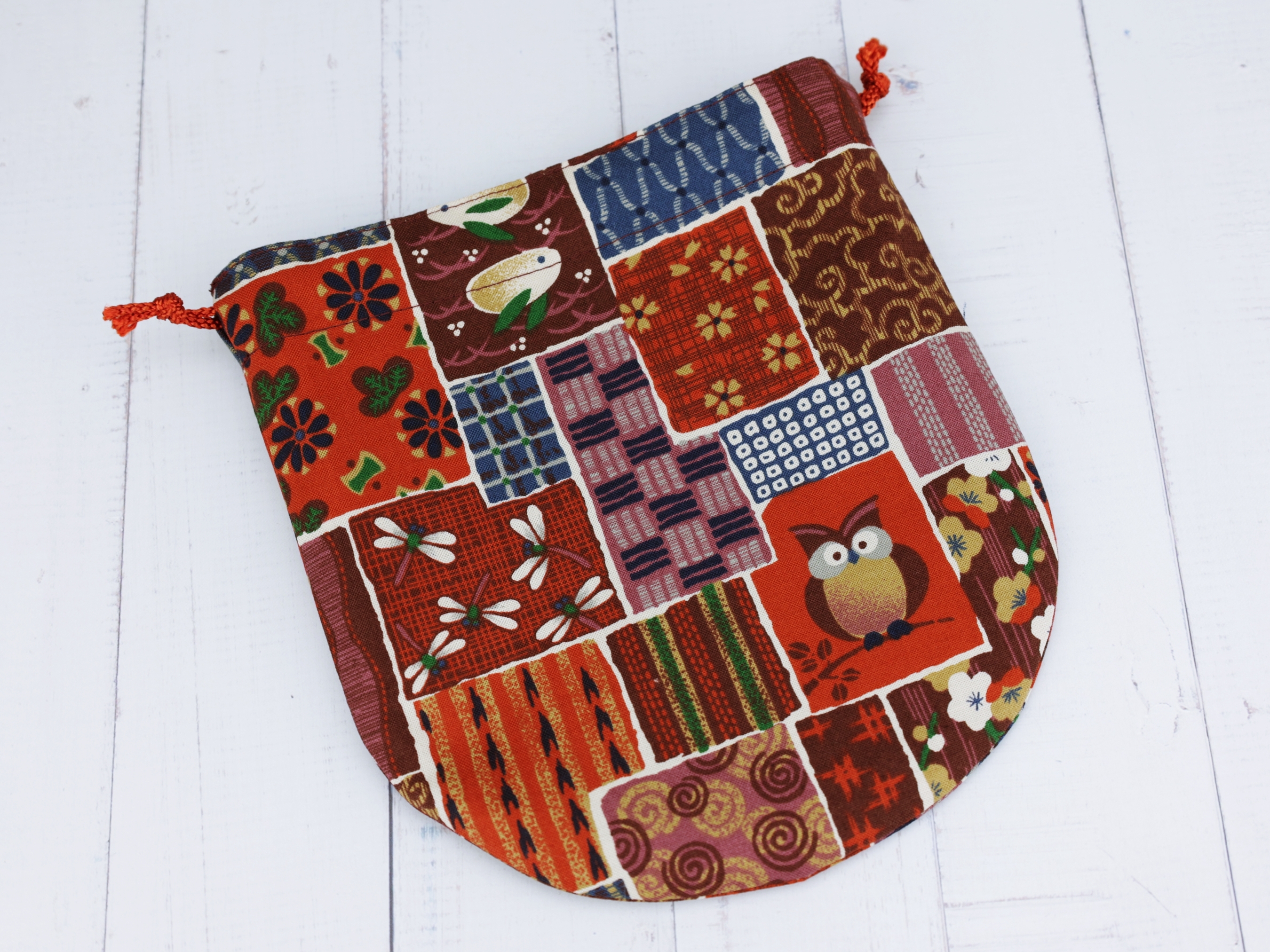 Handmade Japanese Cotton Drawstring Pouch: Owl Print