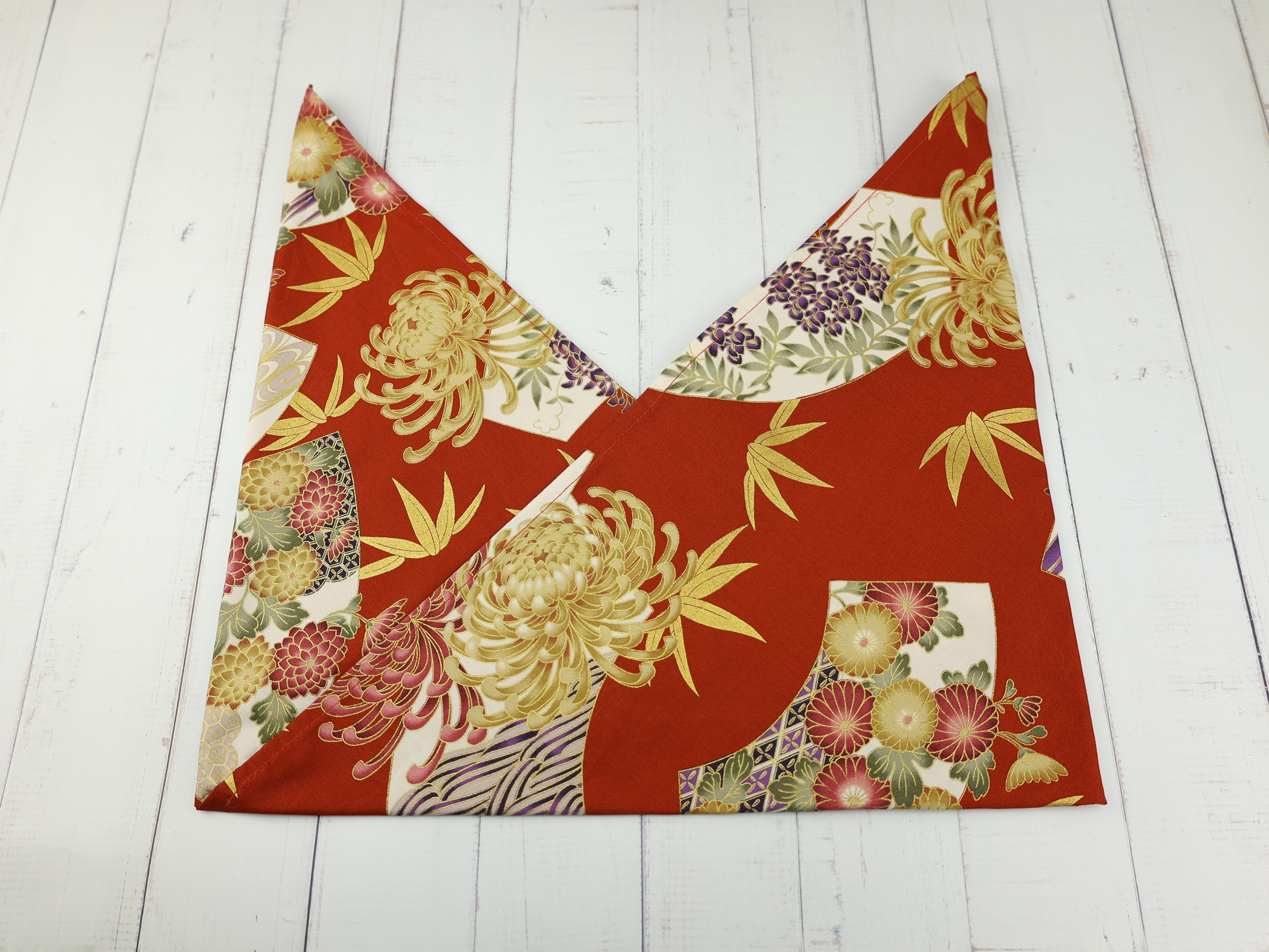 Japanese Azuma Bag – Red Fan & Chrysanthemum Fabric with Bamboo Leaves, Unlined Cotton Tote, Handmade in Canada