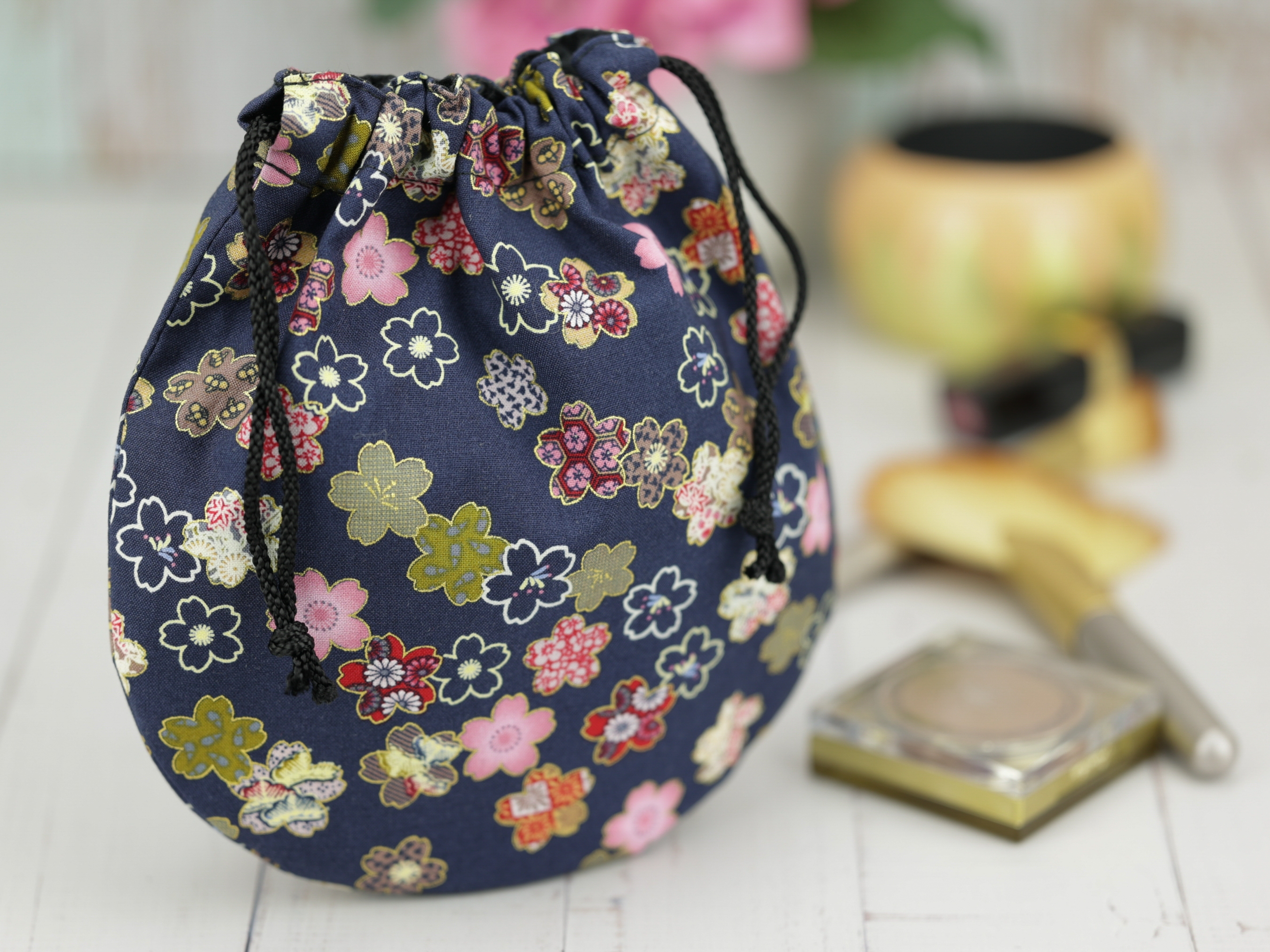 Kimono Drawstring Pouch: Japanese Cherry Blossom Cotton
