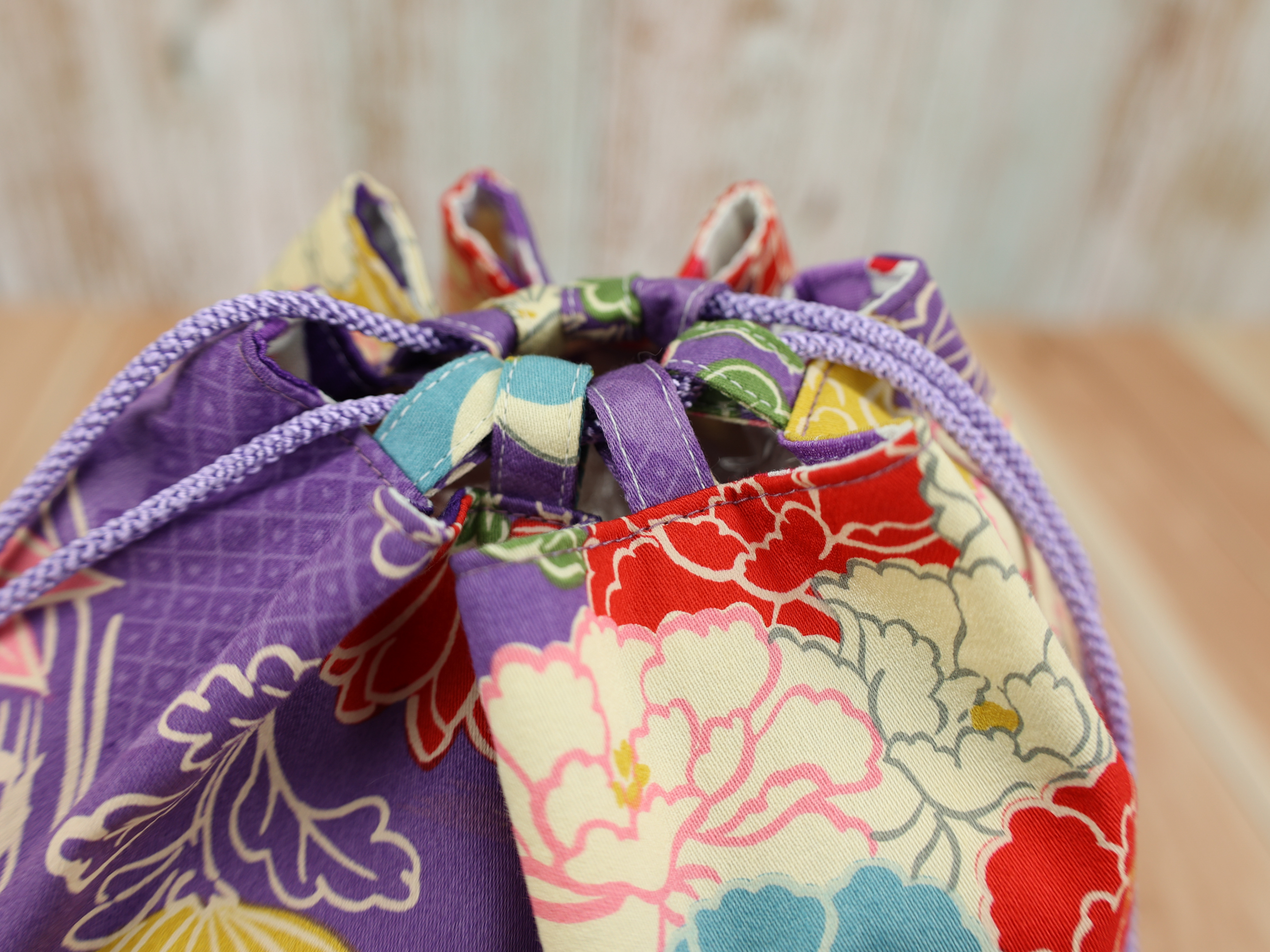 Kimono Fabric Drawstring Pouch: Handmade Cotton Makeup Bag Peony Purple