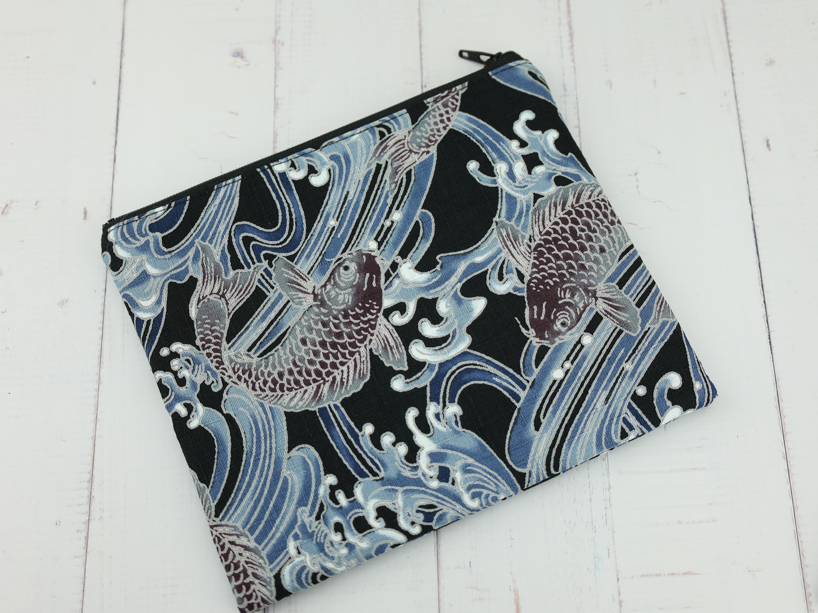 Koi Fish Zipper Pouch – Japanese Wave Print Bag with Black Background and Traditional Tattoo Style