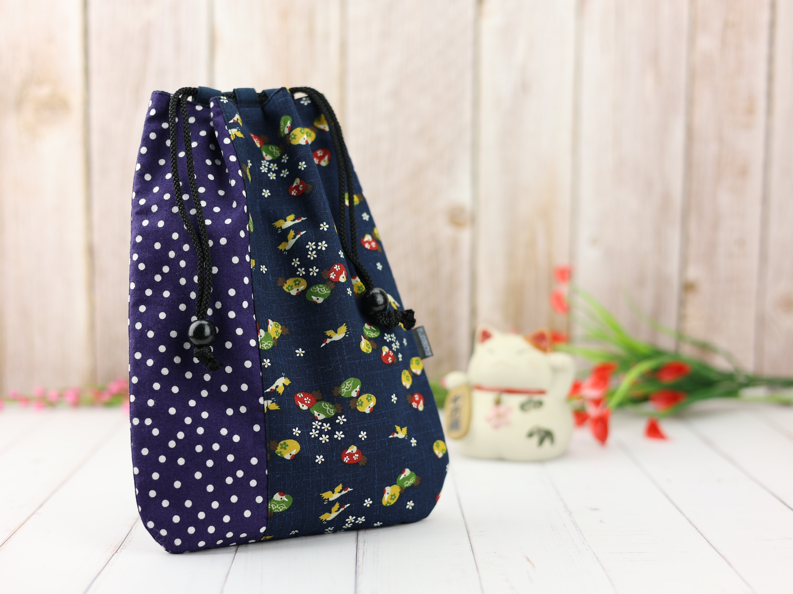 Japanese Bird Print Kinchaku Pouch, Navy Drawstring Bag, Retro Polka Dot Fabric Gift Bag