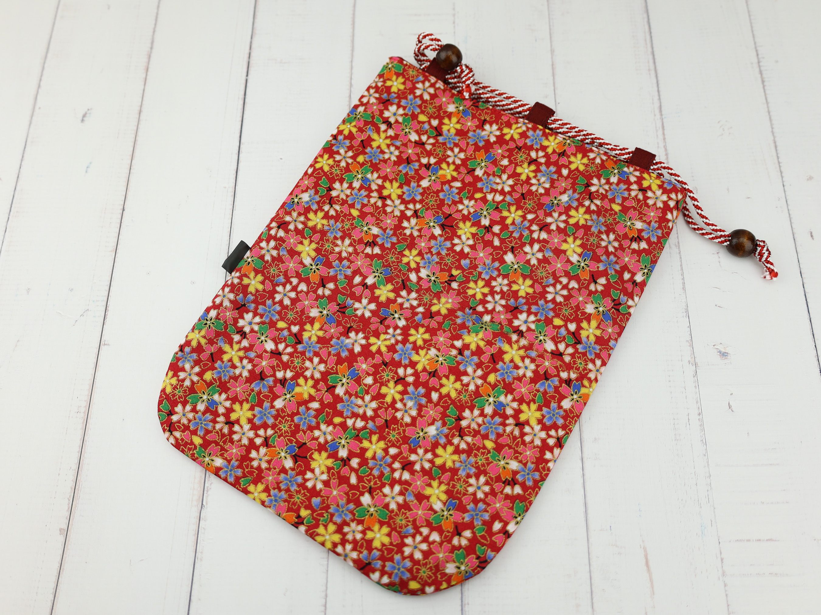 Bright Floral Kinchaku Pouch, Japanese Red Drawstring Gift Bag, Colorful Sakura Ume Print