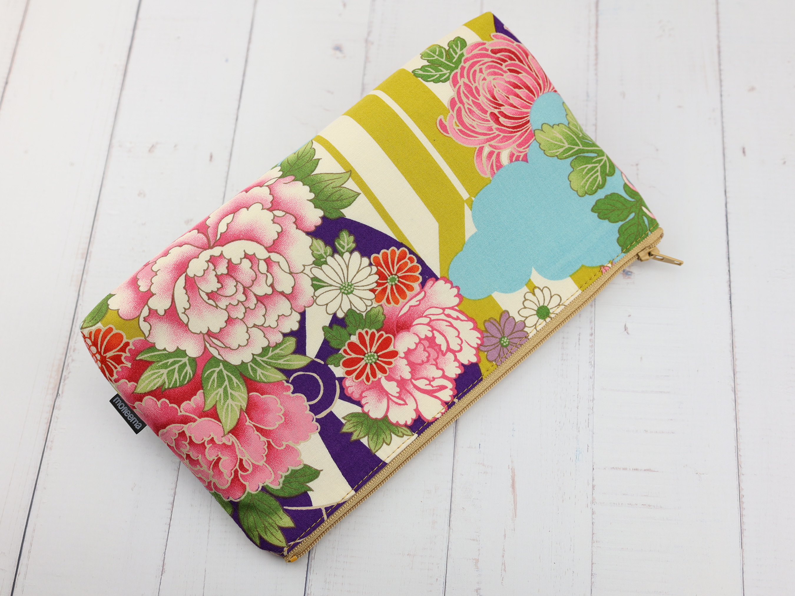 Japanese Peony Zipper Pouch – Yabane and Floral Print Bag, Bold Kimono Pattern Organizer