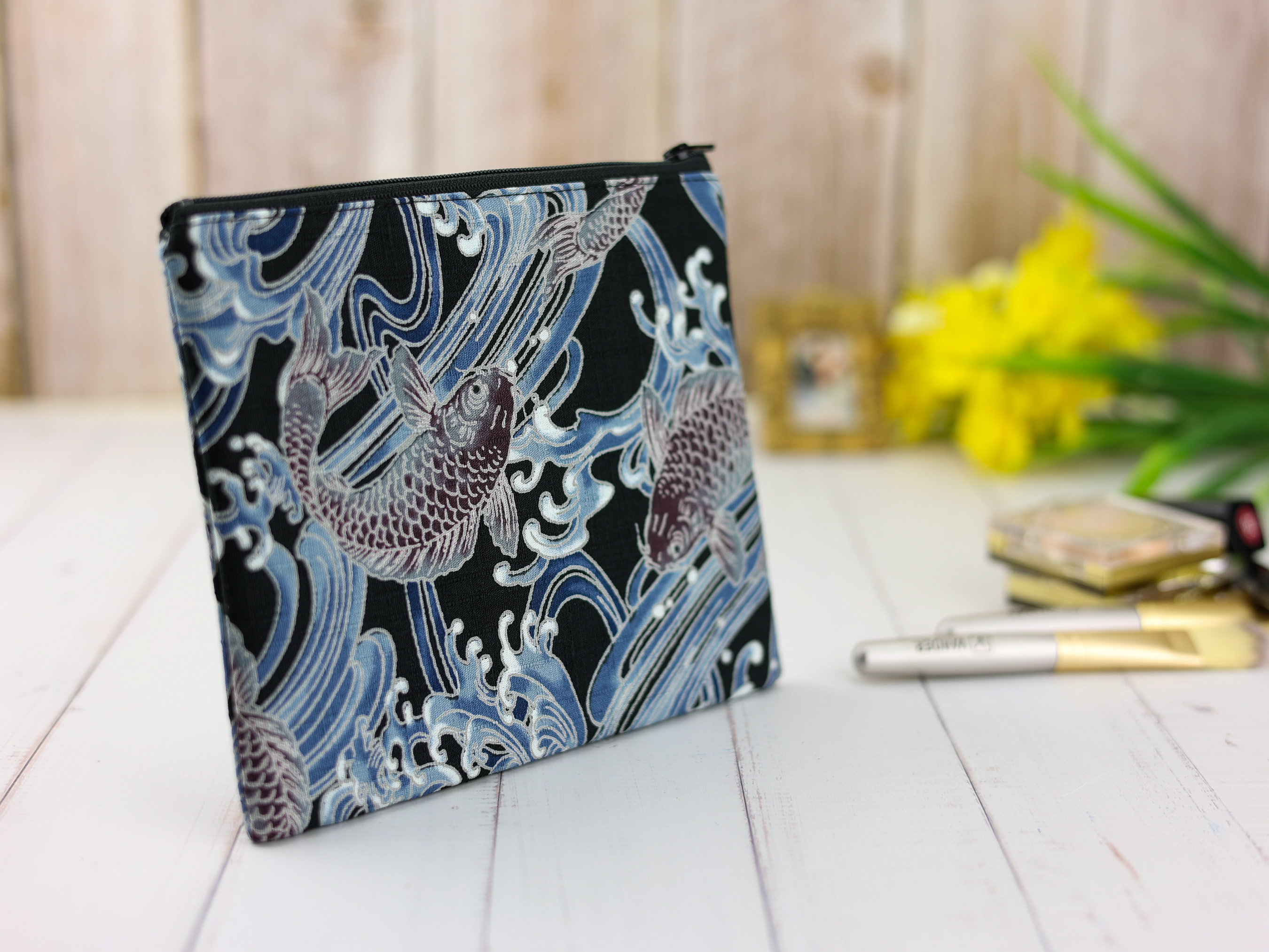 Koi Fish Zipper Pouch – Japanese Wave Print Bag with Black Background and Traditional Tattoo Style