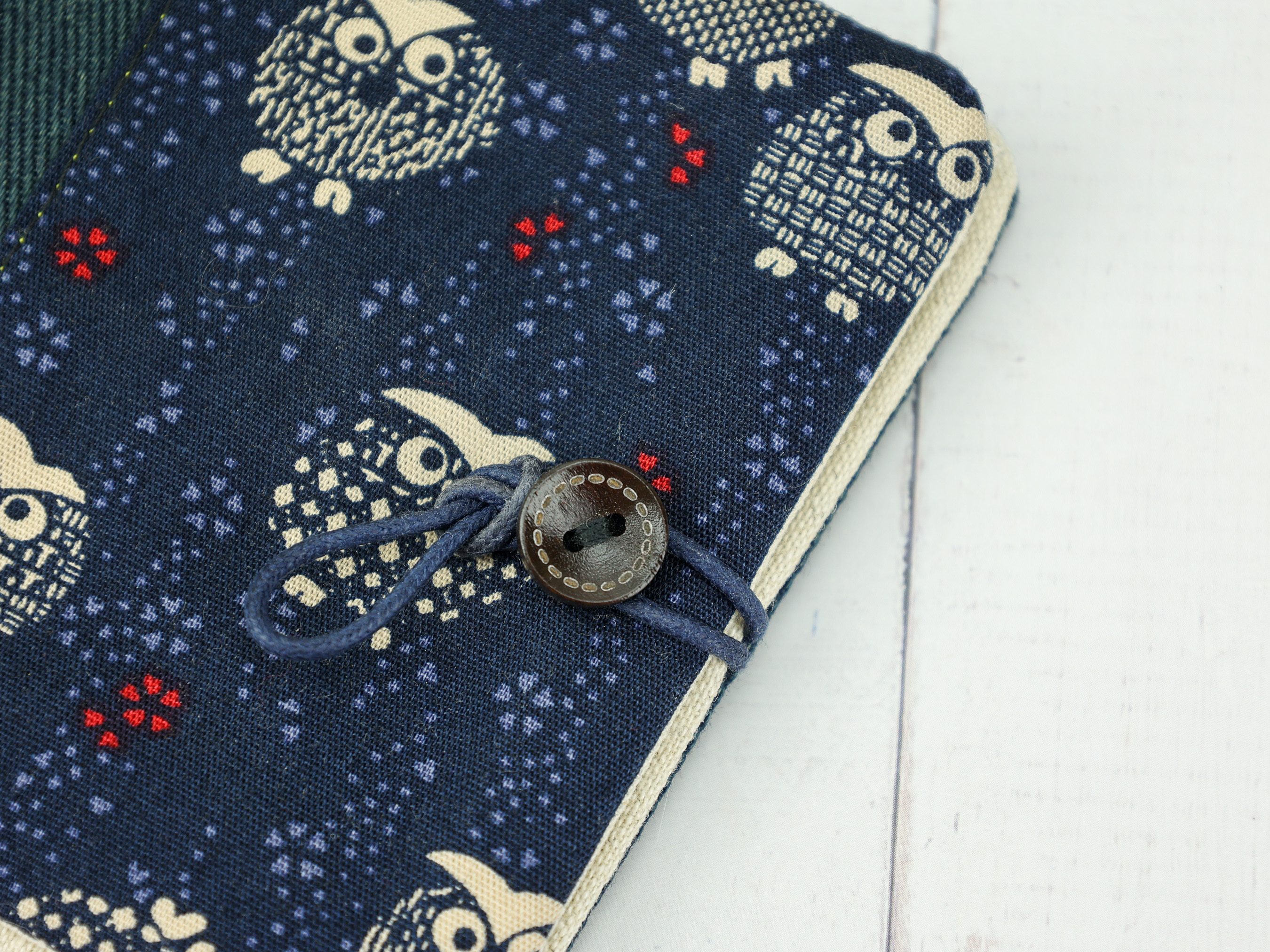 Japanese Owl Period Pouch – Navy Cotton and Denim, Lucky Animal Motif, Handmade in Canada
