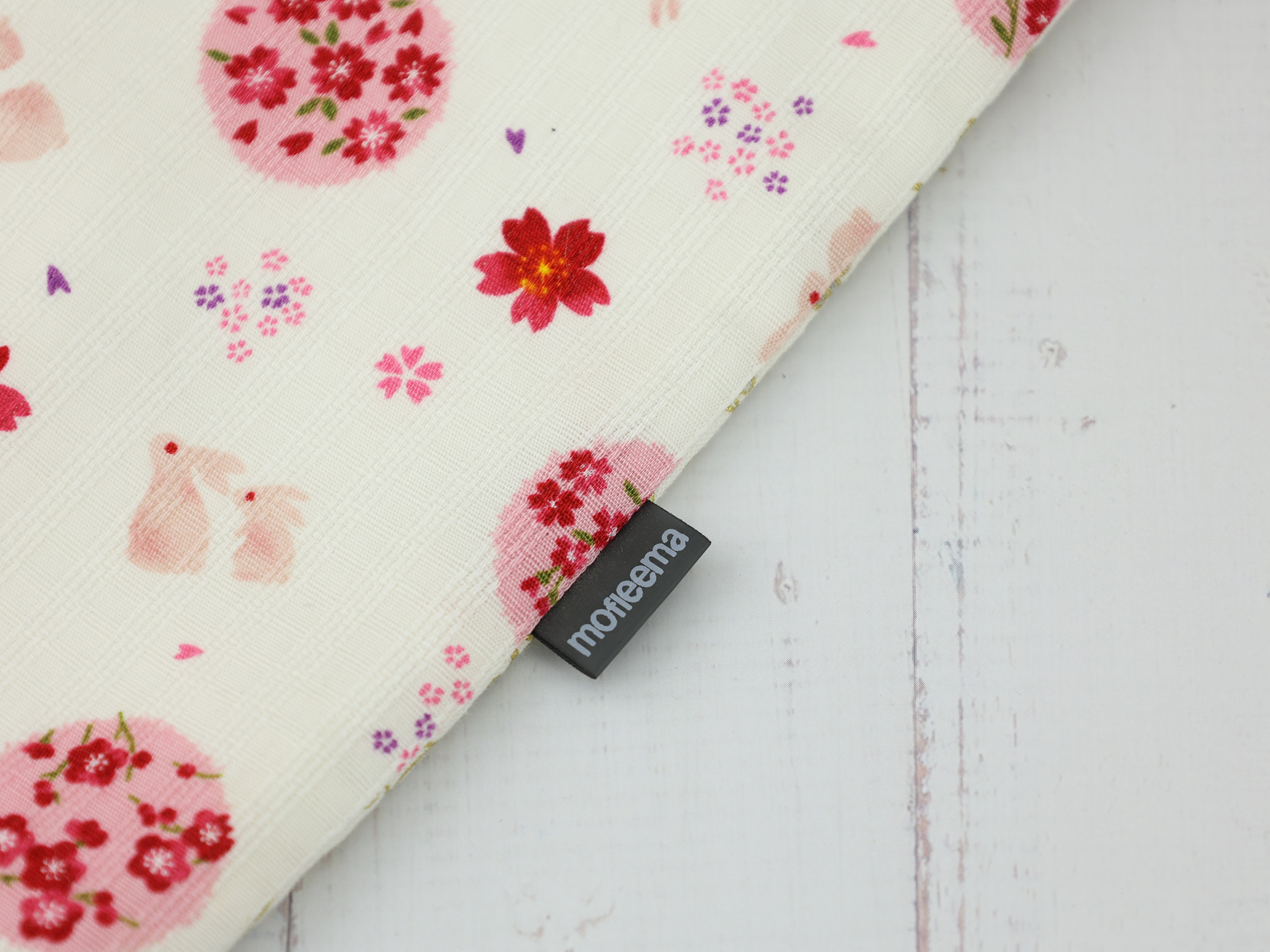 Bunny and Sakura Kinchaku Pouch, Japanese White Drawstring Gift Bag, Rabbit and Cherry Blossom