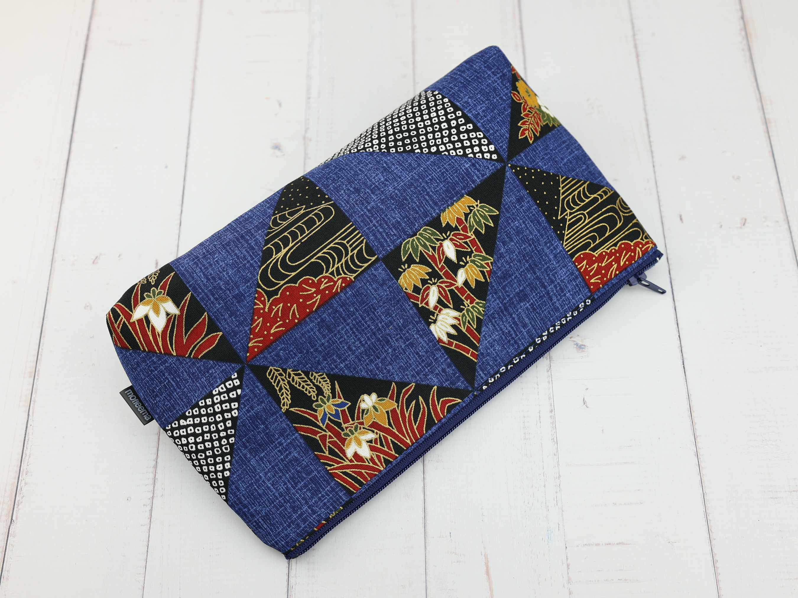 Japanese Patchwork Zipper Pouch – Indigo Geometric Makeup Bag, Cotton Organizer, Handmade Gift