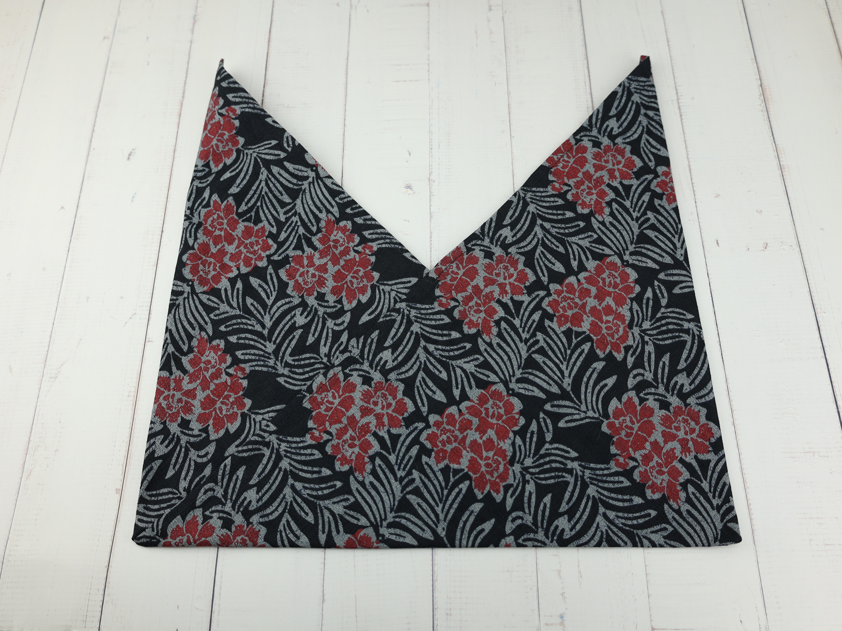 Japanese Azuma Bag – Black & Red Floral Fabric, Unlined Cotton Eco Tote, Handmade in Canada