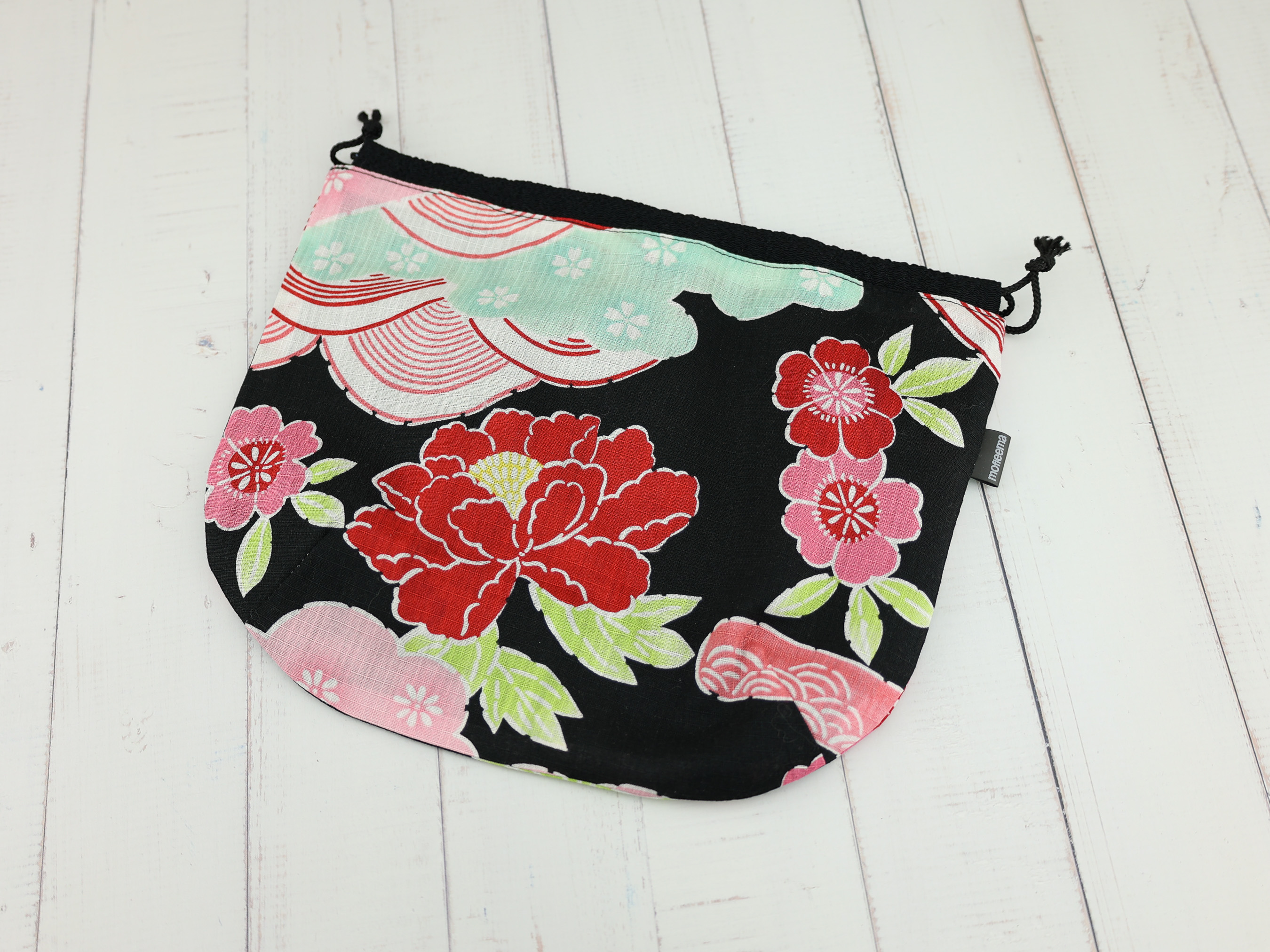 Japanese Peony Drawstring Pouch – Black Floral Makeup Bag, Gift for Her