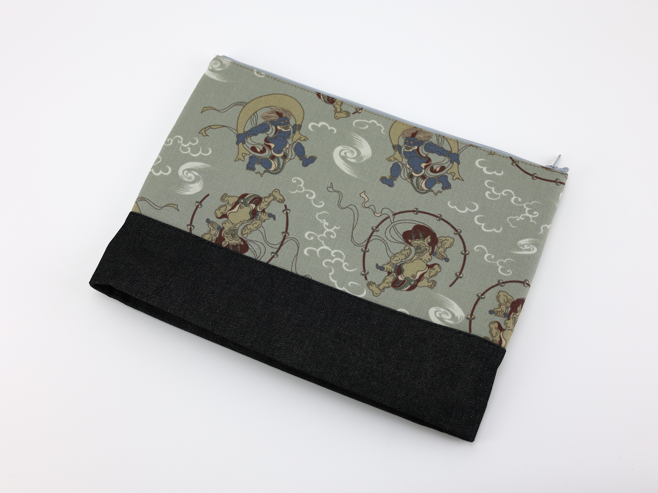 Large Kimono Cosmetic Bag: Japanese Fujin Raijin Print Travel Pouch