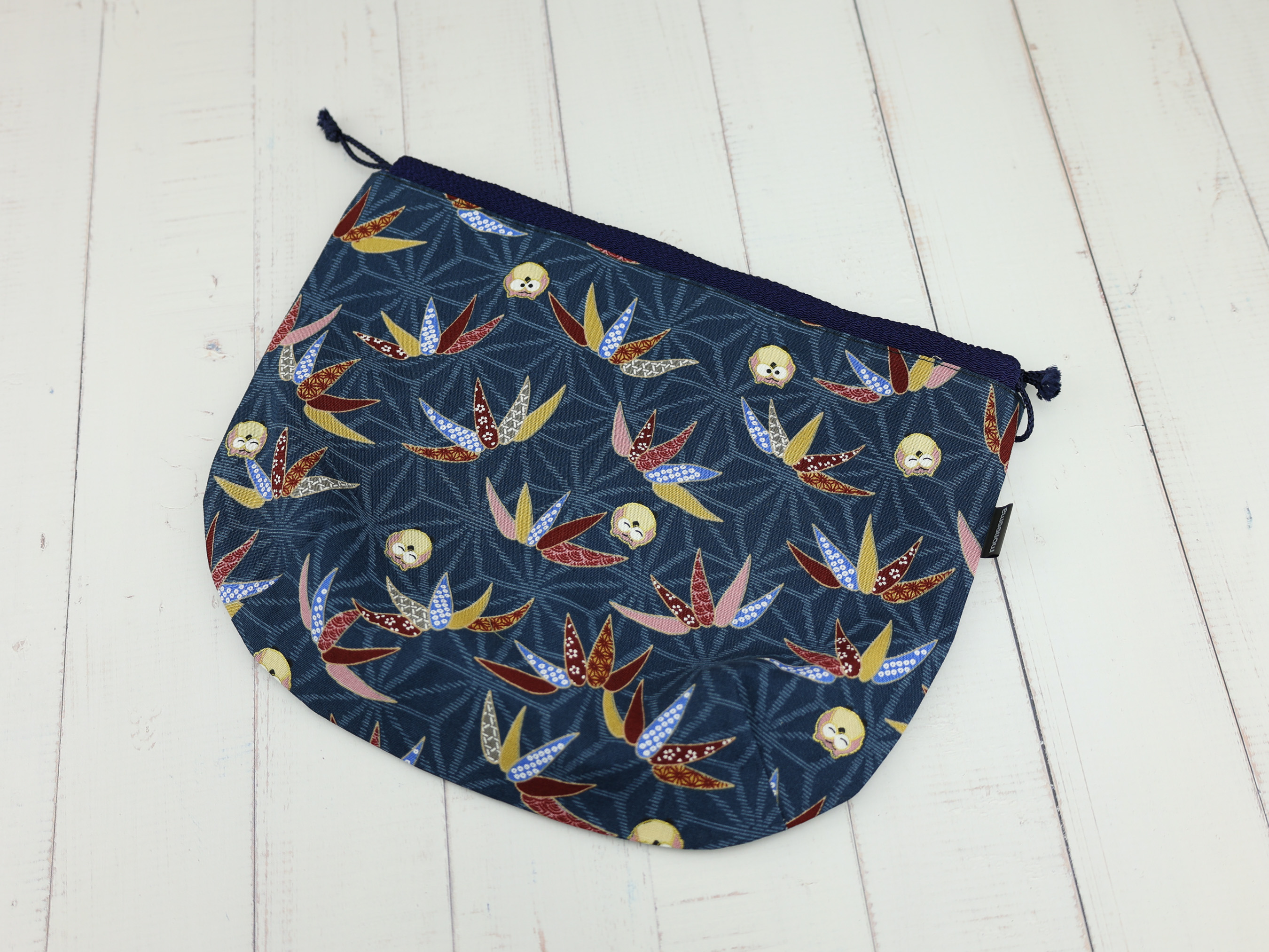 Japanese Owl Pouch – Navy Drawstring Bag with Round Owl Pattern, Kimono Gift