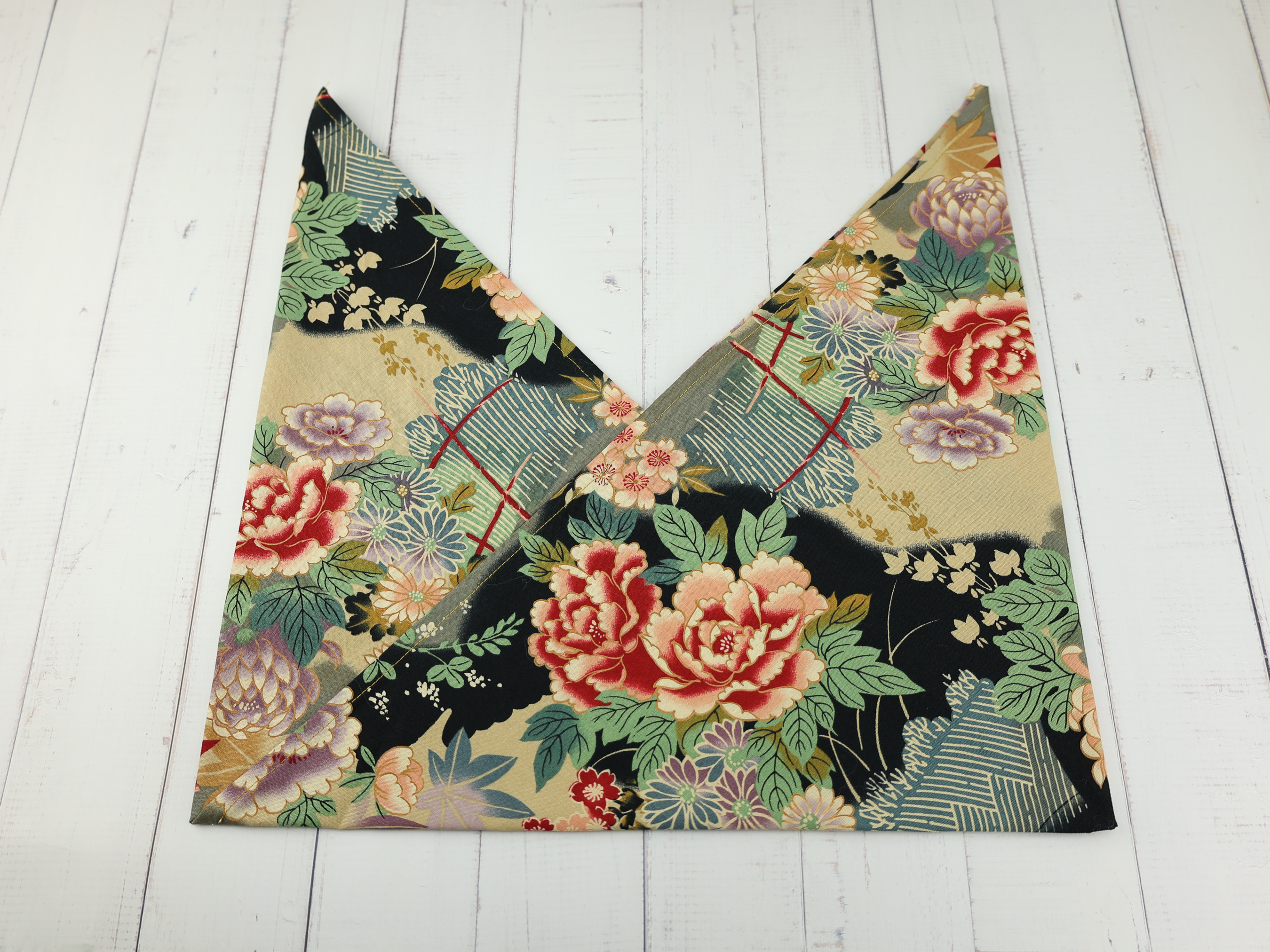 Japanese Azuma Bag – Cream Floral Fabric with Peony & Maple, Unlined Cotton Tote, Handmade in Canada