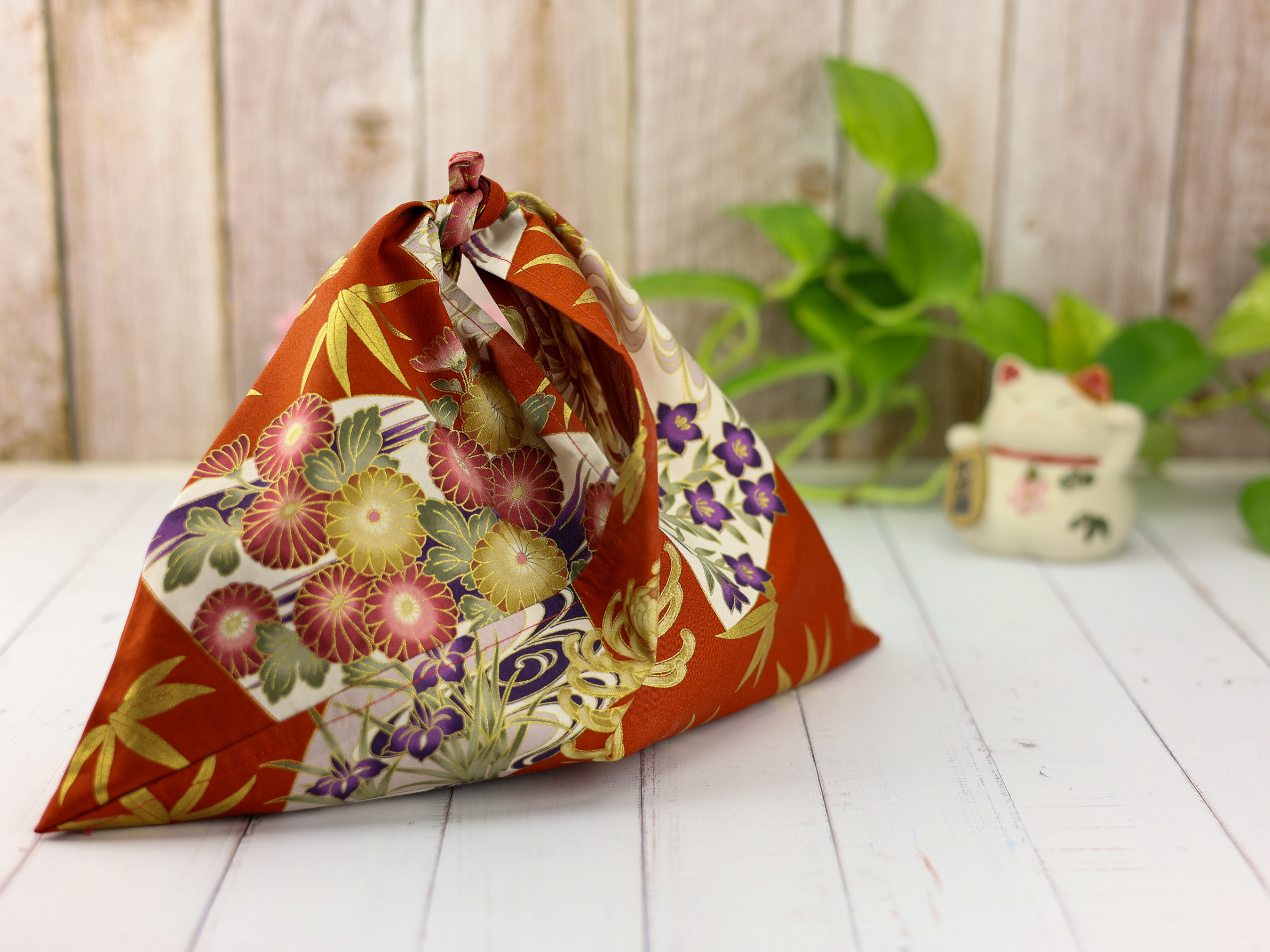 Japanese Azuma Bag – Red Fan & Chrysanthemum Fabric with Bamboo Leaves, Unlined Cotton Tote, Handmade in Canada