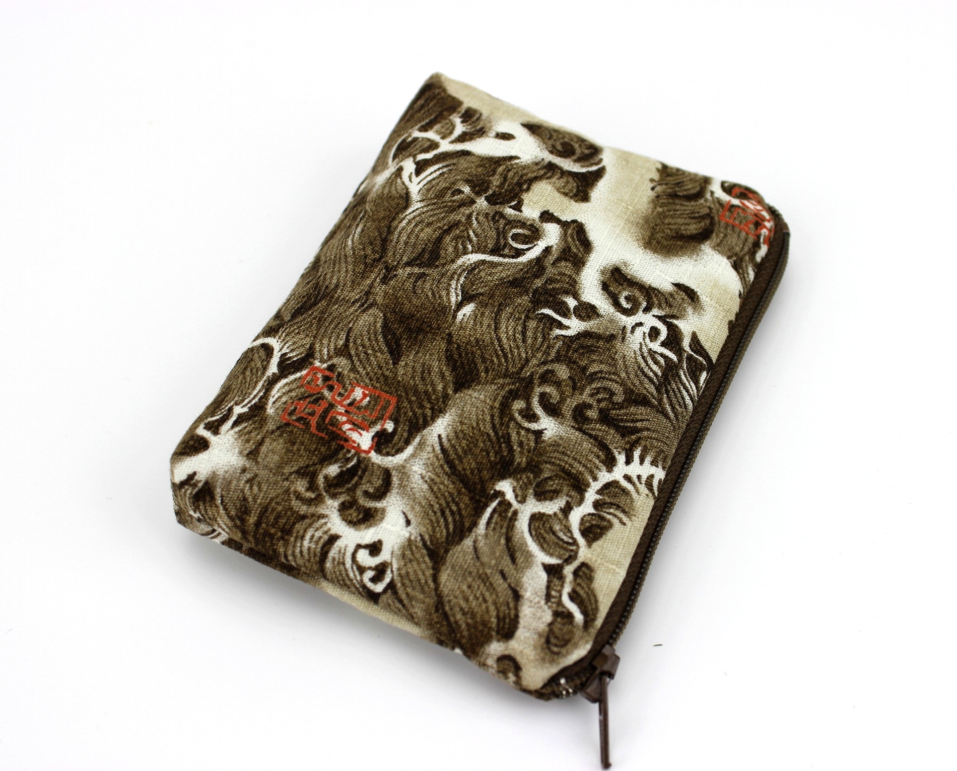 Dragon Lip Balm Pouch, Business Card Holder, Coin Purse Kimono Cotton Fabric, Brown