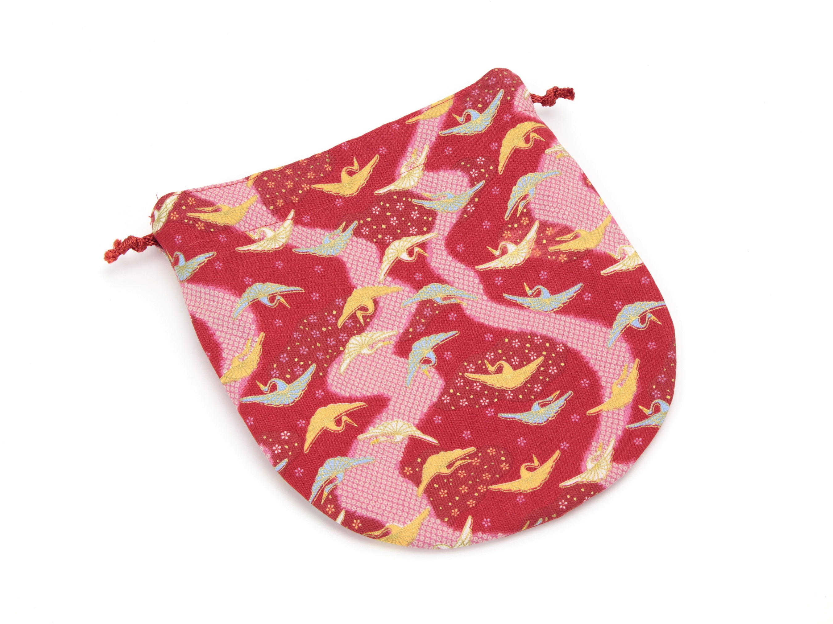 Retro Drawstring Pouch, Mother's Day Gift Idea, Small Make-up Bag, Kimono Cotton, Crane Red