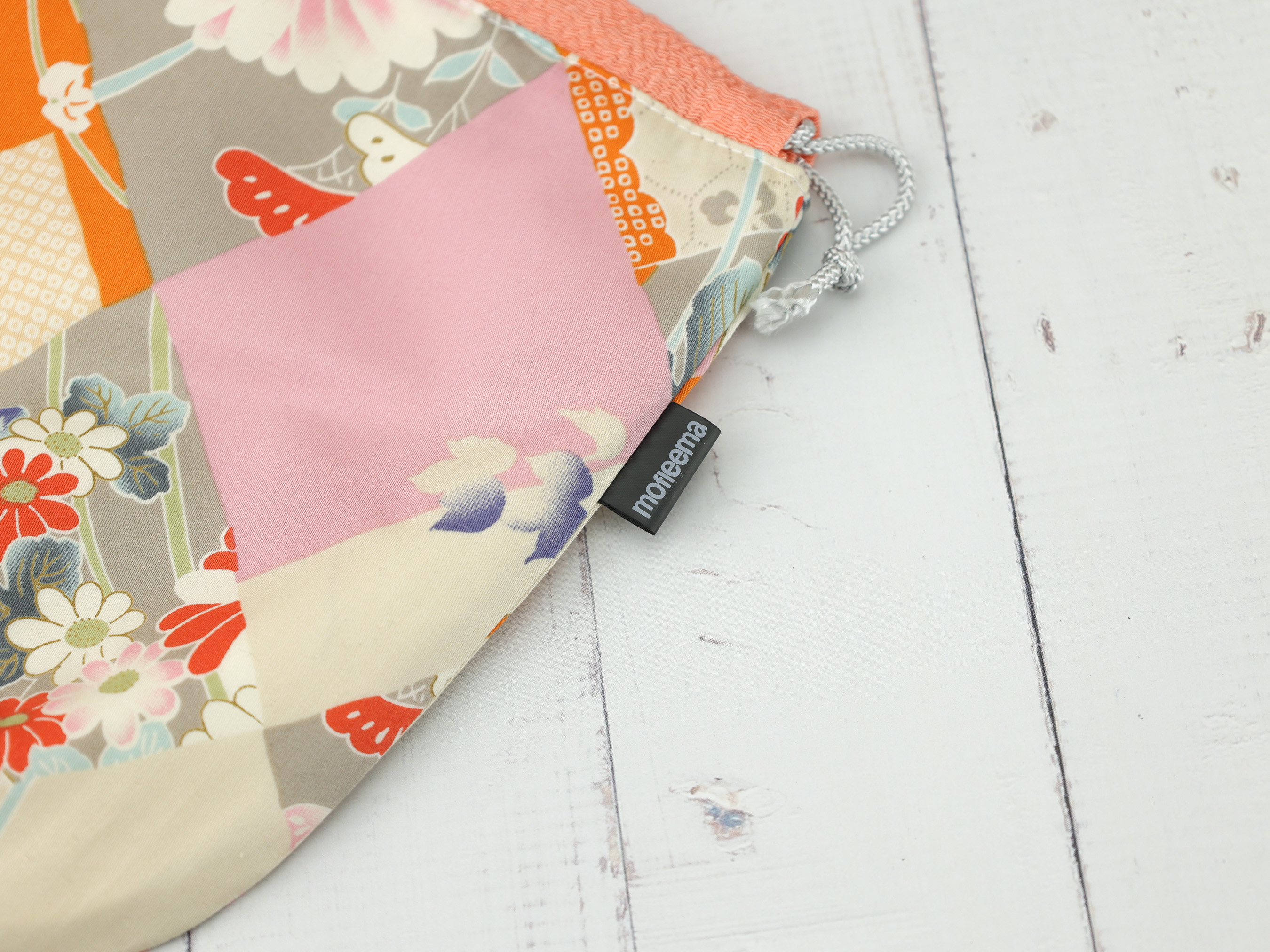 Japanese Patchwork Floral Drawstring Pouch – Orange Pink Kimono Fabric Bag