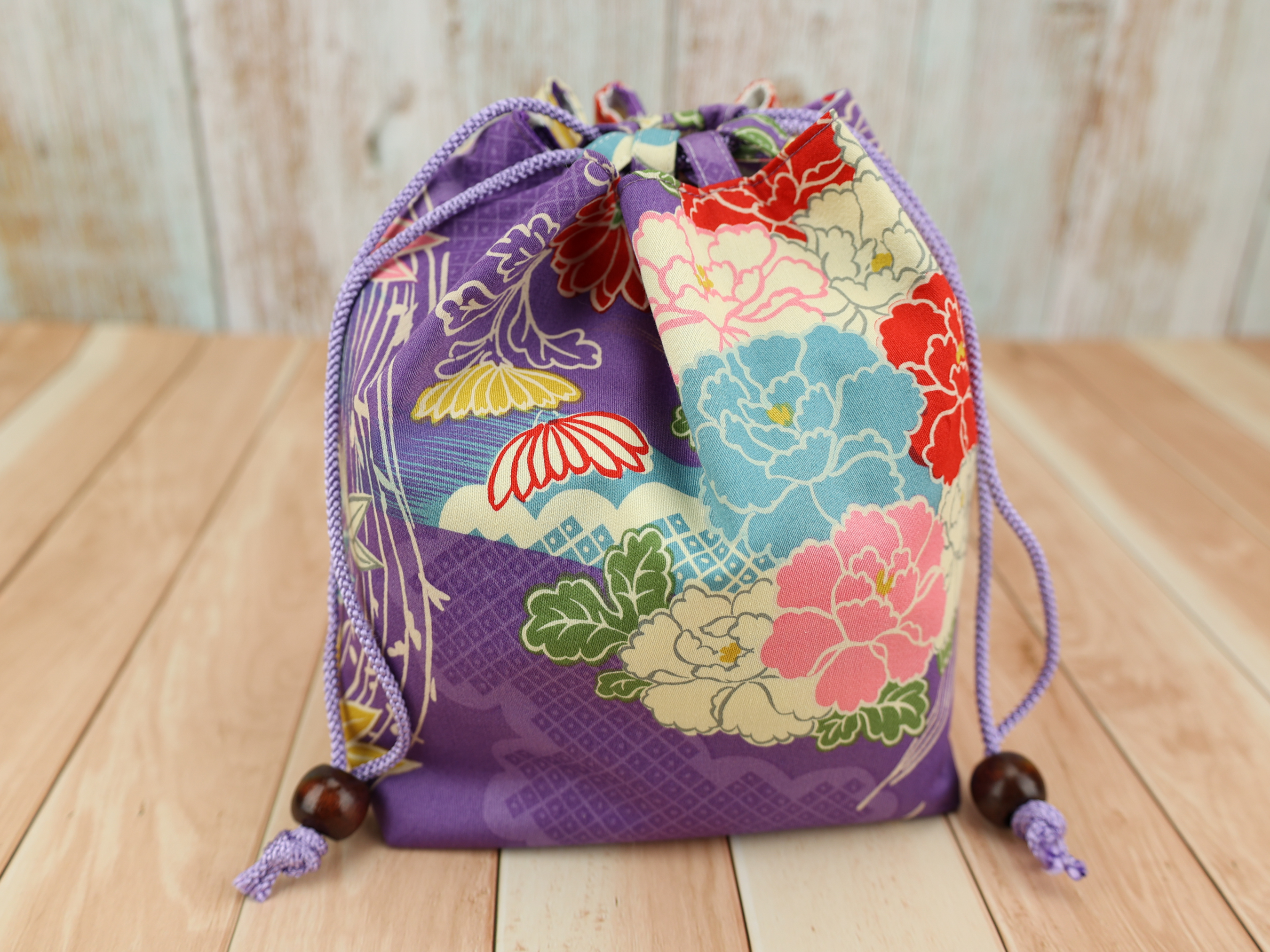 Kimono Fabric Drawstring Pouch: Handmade Cotton Makeup Bag Peony Purple