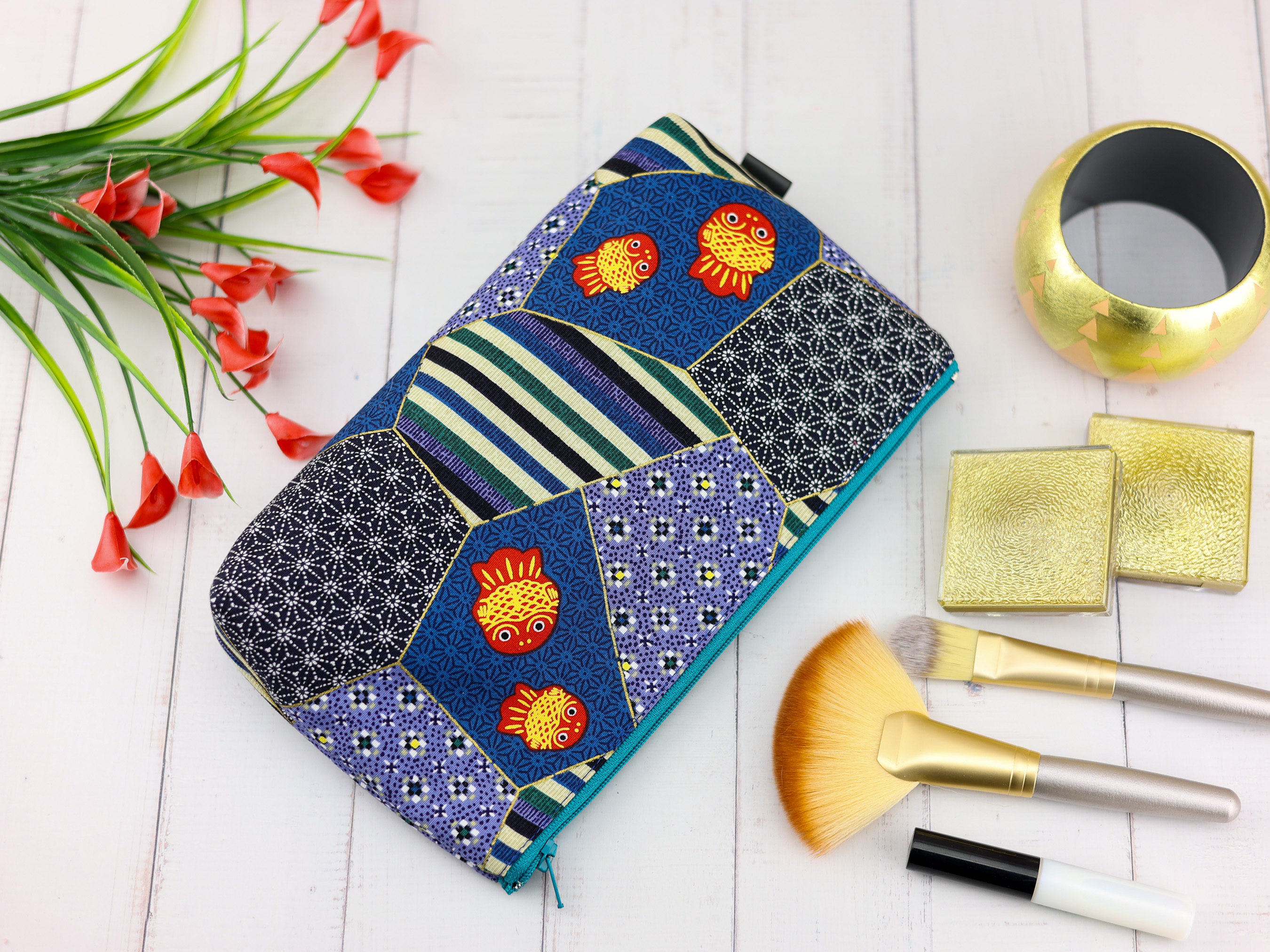 Japanese Goldfish Patchwork Zipper Pouch – Blue Cotton Makeup Bag, Cute Organizer Gift