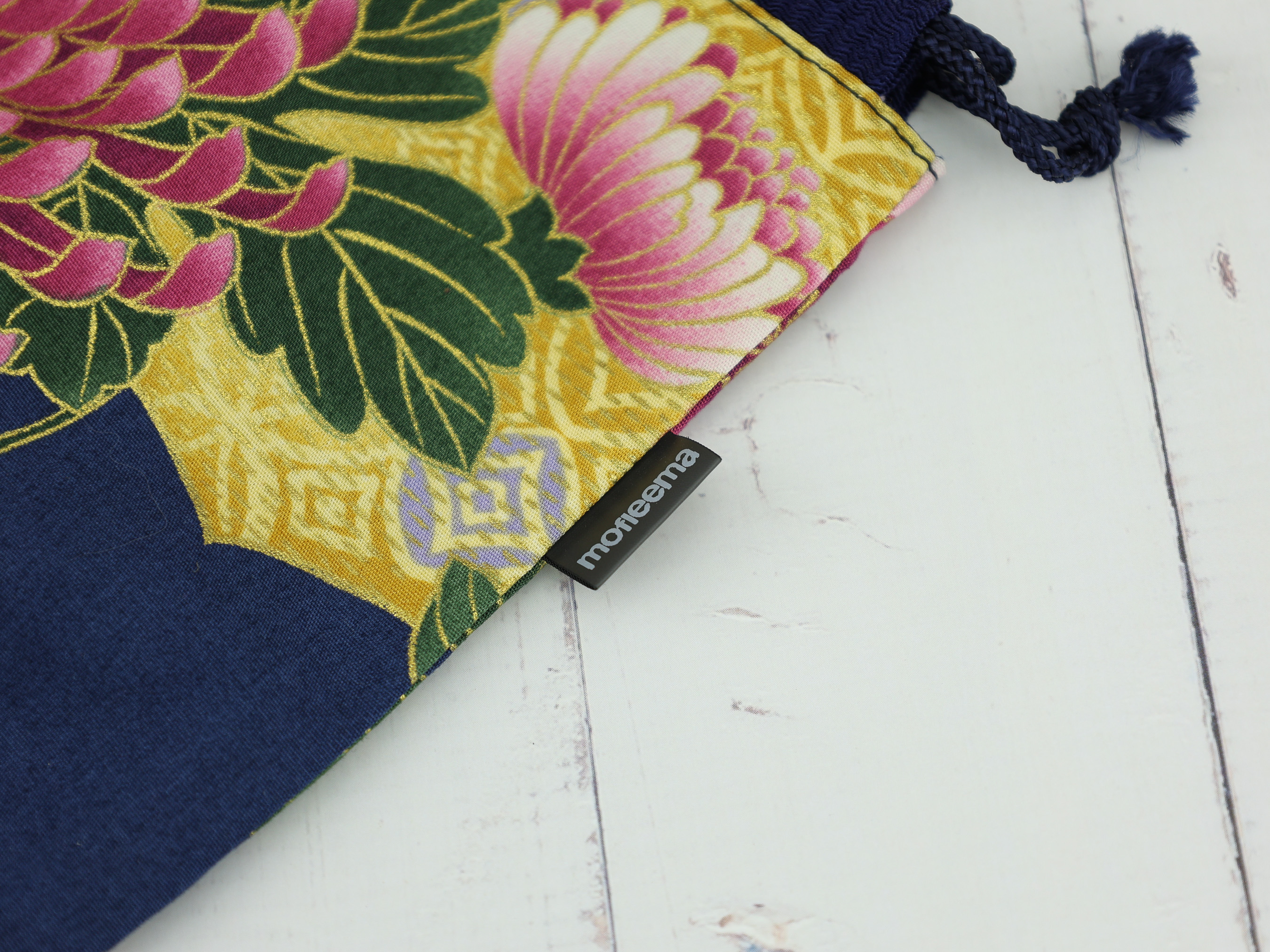 Japanese Chrysanthemum Pouch – Navy Floral Drawstring Bag, Elegant Gift Idea
